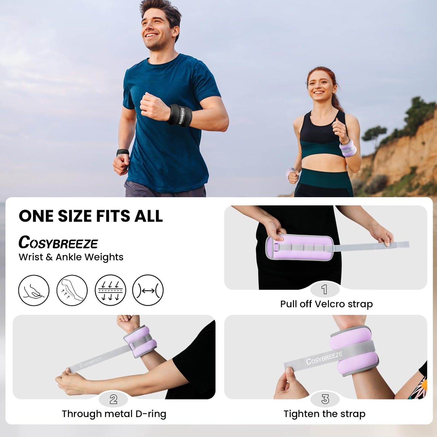 Ankle Weights 1LB 1 Pair Wrist Leg Arm Weights for Women Men, Strength Weighted for Walking, Running, Jogging, Fitness, Gym Workout - Light Purple
