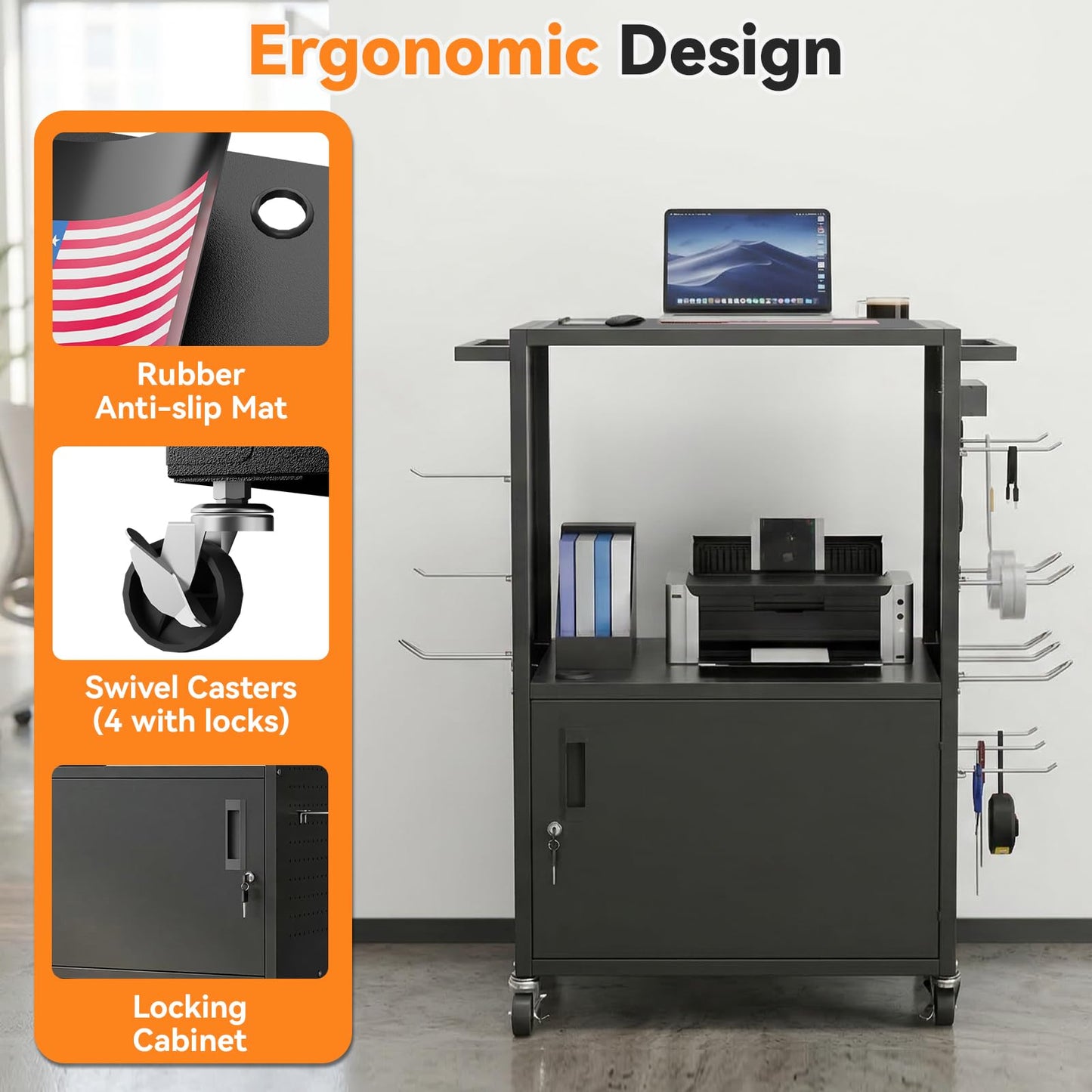 Mobile AV Cart, Heavy Duty Rolling Computer Cart with Push Handle & Hooks – Locking Cabinet, Pegboard, 4 Outlets, Lock Brake Casters – Media Utility Cart on Wheels for Office/Classroom