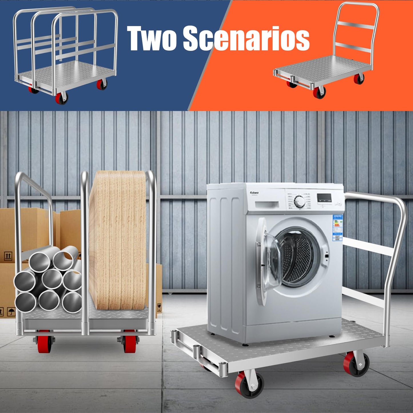 2-in-1 Heavy Duty Panel Truck Cart, 36 in x 24 in All Steel Platform Truck with 1Front & 2 Side Handrails, 2200 LBS Cart with 4 Rubber Swivel Casters for Loading and Storage, 6 Holes