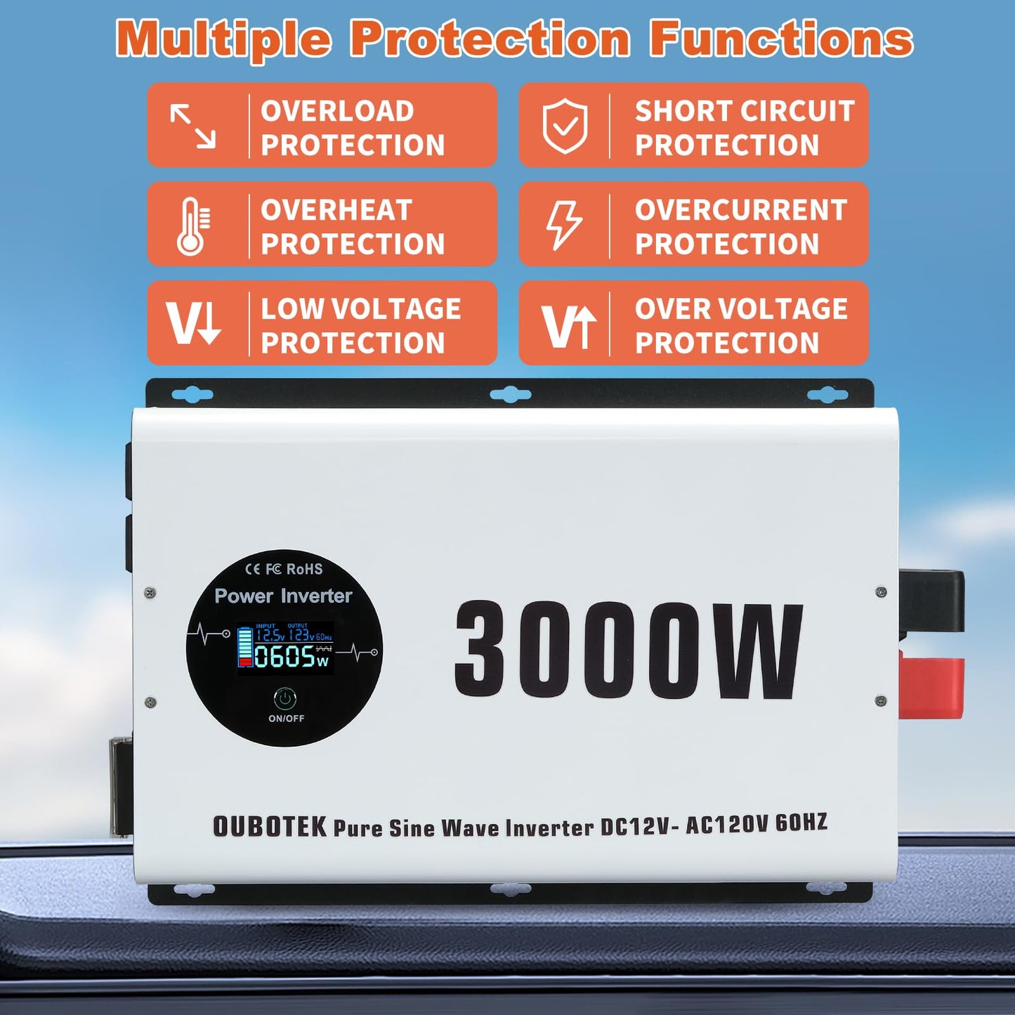 OUBOTEK Power Inverter 3000 Watt Pure Sine Wave DC 12V to AC 120V Car Converter with LCD Display 4 AC Outlets and Hardwire Port for RV,Truck,Home,Off Grid Solar System