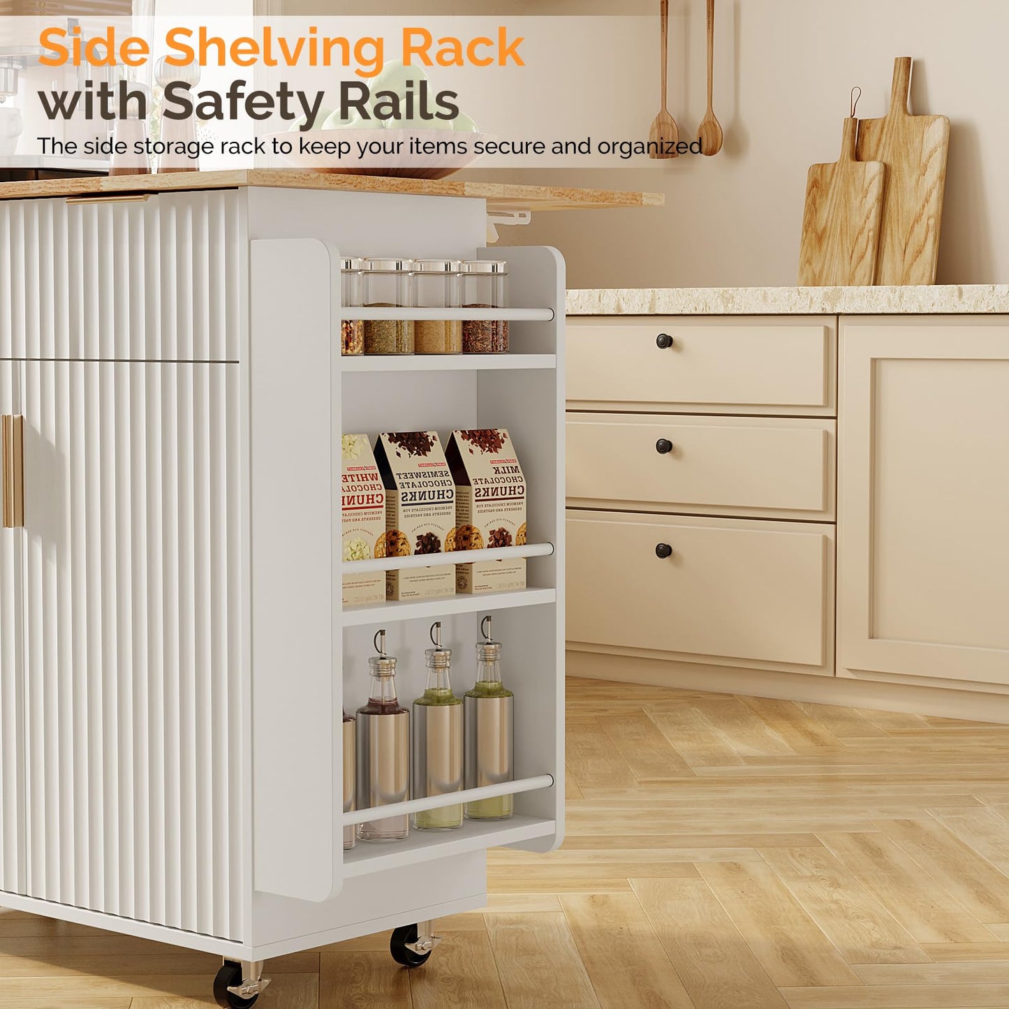 VINGLI Kitchen Island Cart with Storage, Rolling Kitchen Cart on Wheels with Foldable Drop Leaf, 15.35 x 31.15 x 34.45 Inches, Rubber Wood Top, Drawer and Door Cabinet, White