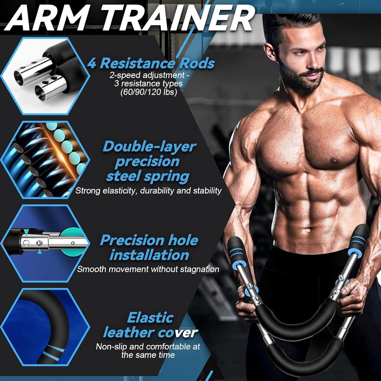 Twister Arm Trainer, 60-100lb Adjustable Power Spring Workout Bar, Arm Trainer for Men/Women, Portable Detachable Design for Home Gym, Arm Chest and Shoulder Muscle Strength Exerciser Training