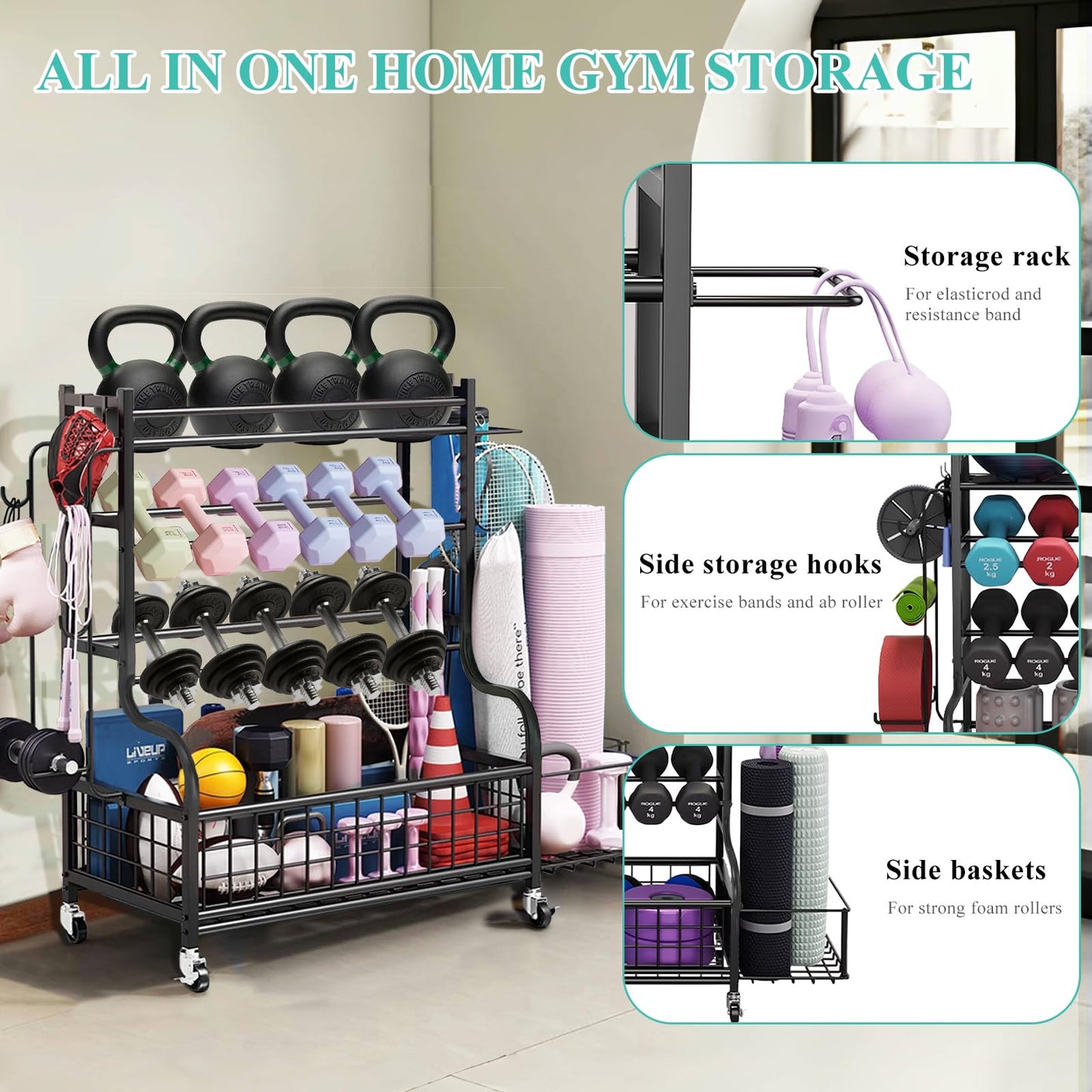 HIEE Dumbbell Rack, Weight Rack for Kettlebells, Storage Holder for Yoga and Workout Equipment, Home Gym Storage Rack with Wheels and Hooks (320 lb)