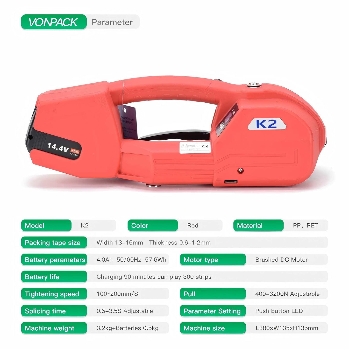 VONPACK Electric Strapping Machine with Digital Display Screen, Strapping Tool for Width 1/2-2/3 inch 1X4000mAh Battery Handheld Banding Tool for PP PET Packaging Machine for Carton Pallet Wood