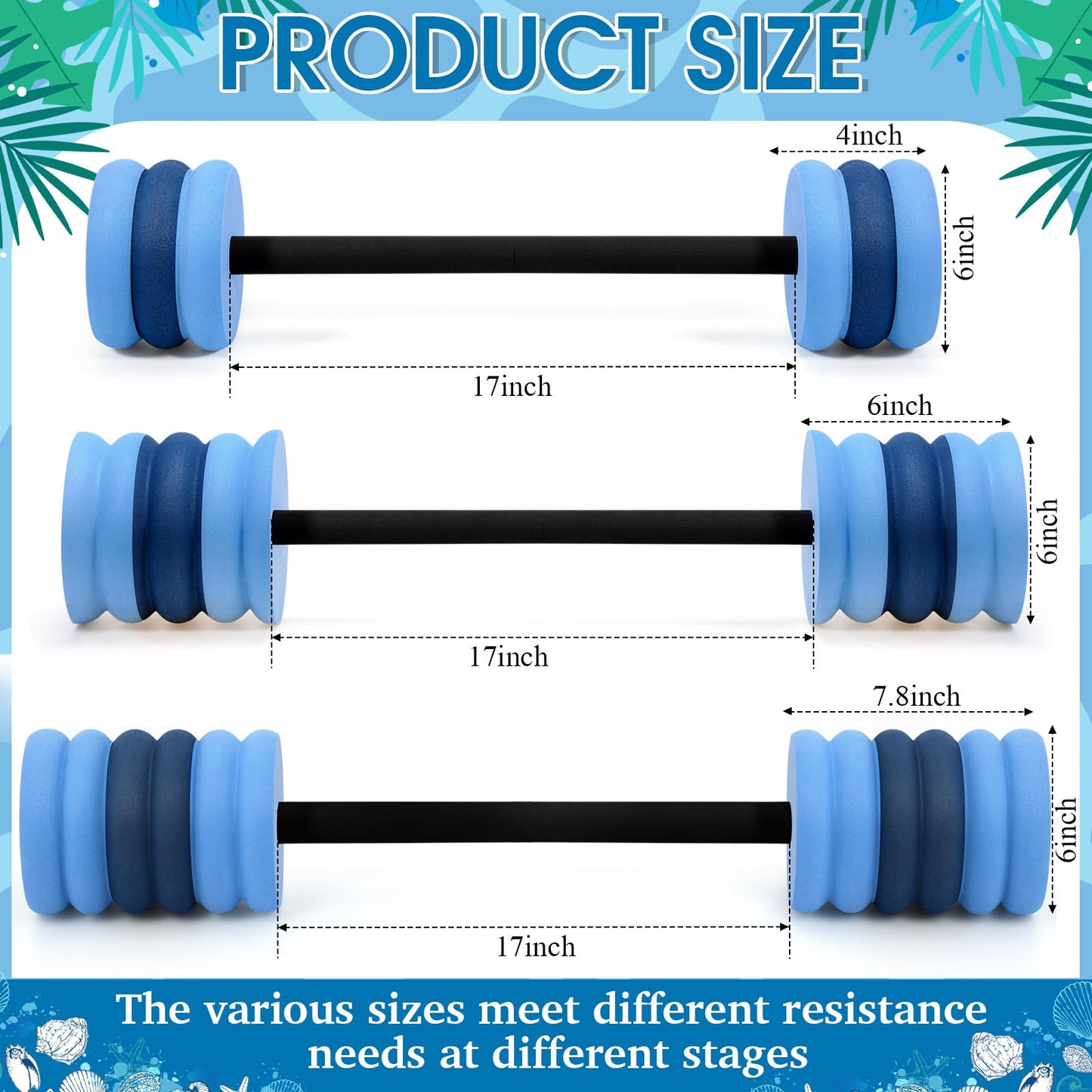 Soulchen Swim Barbells Set of 3, 25'' 29'' 33'' EVA Foam Water Aerobic Weights Resistance Exercise Barbell Pool Barbell Waters Dumbbell for Pool Exercise Strength Training Workouts Loss(Blue Gray)