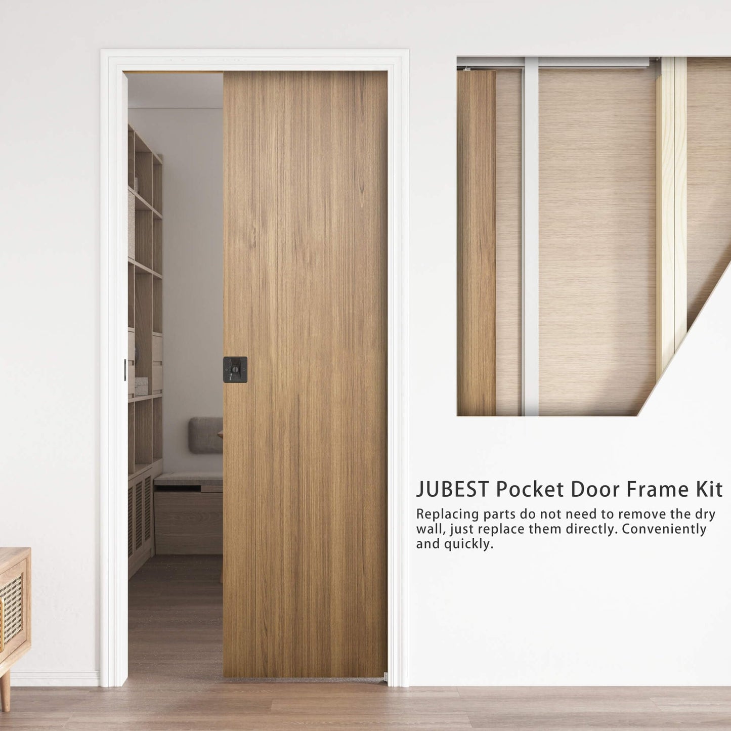 JUBEST Pocket Door Frame Kit With 88LBS Two-Way Soft-Close Mechanism, Smoothly and Quietly, Easy to Install Hidden Kit, for 24" to 36"x80" Door, Durable and Stylish