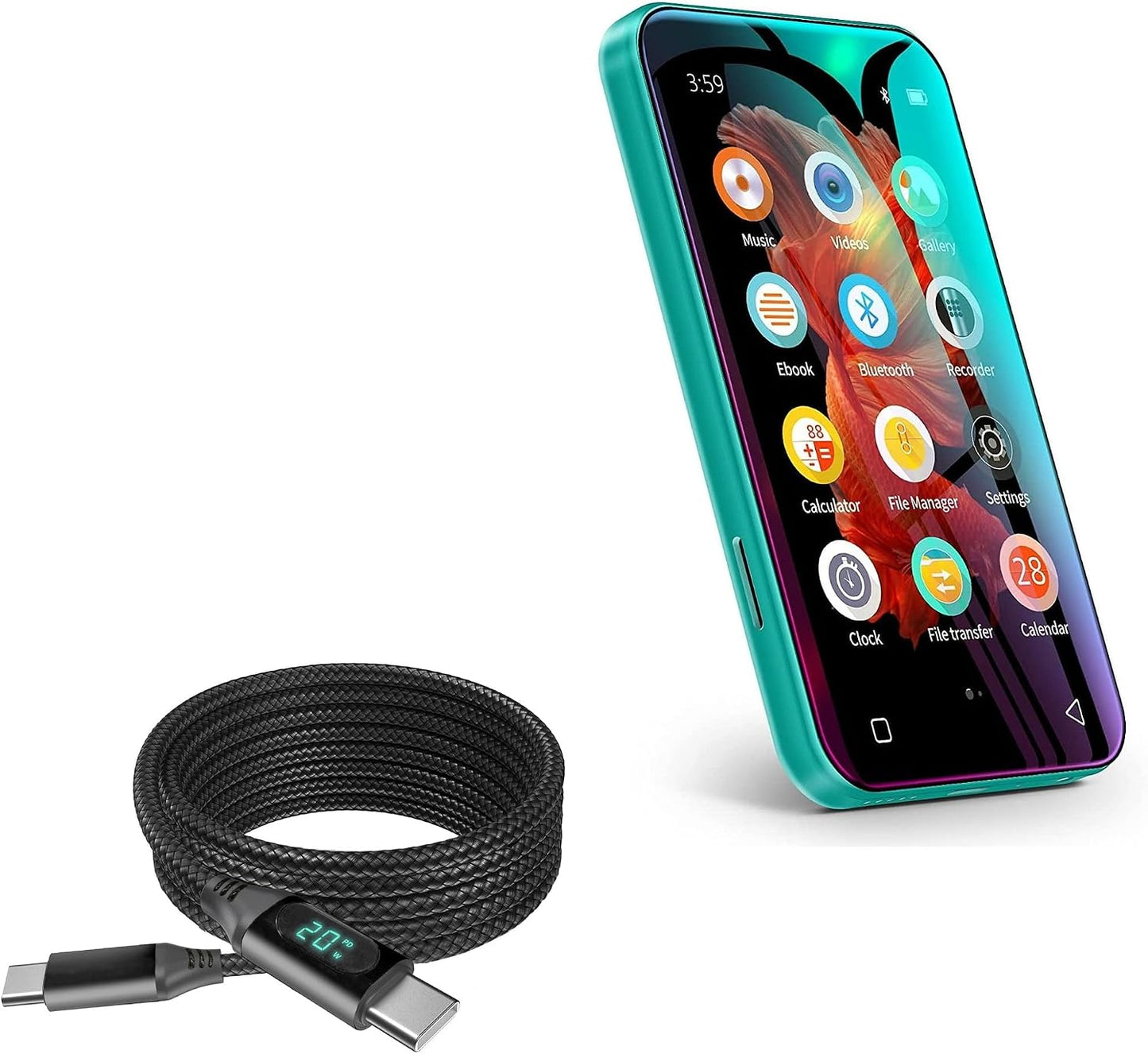 BoxWave TIMMKOO Q3E MP3 (6ft) (100W), Cable Compatible with Player with Bluetooth - PowerDisplay PD Cable - USB-C