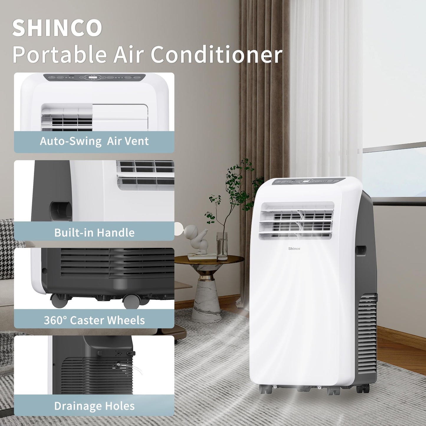 Shinco 10,000 BTU Portable Air Conditioner - 3-in-1 Cool/Dehumidifier/Fan for Rooms Up to 400 sq.ft, Remote Control & 24H Timer, Compact AC Unit for Bedroom/Office