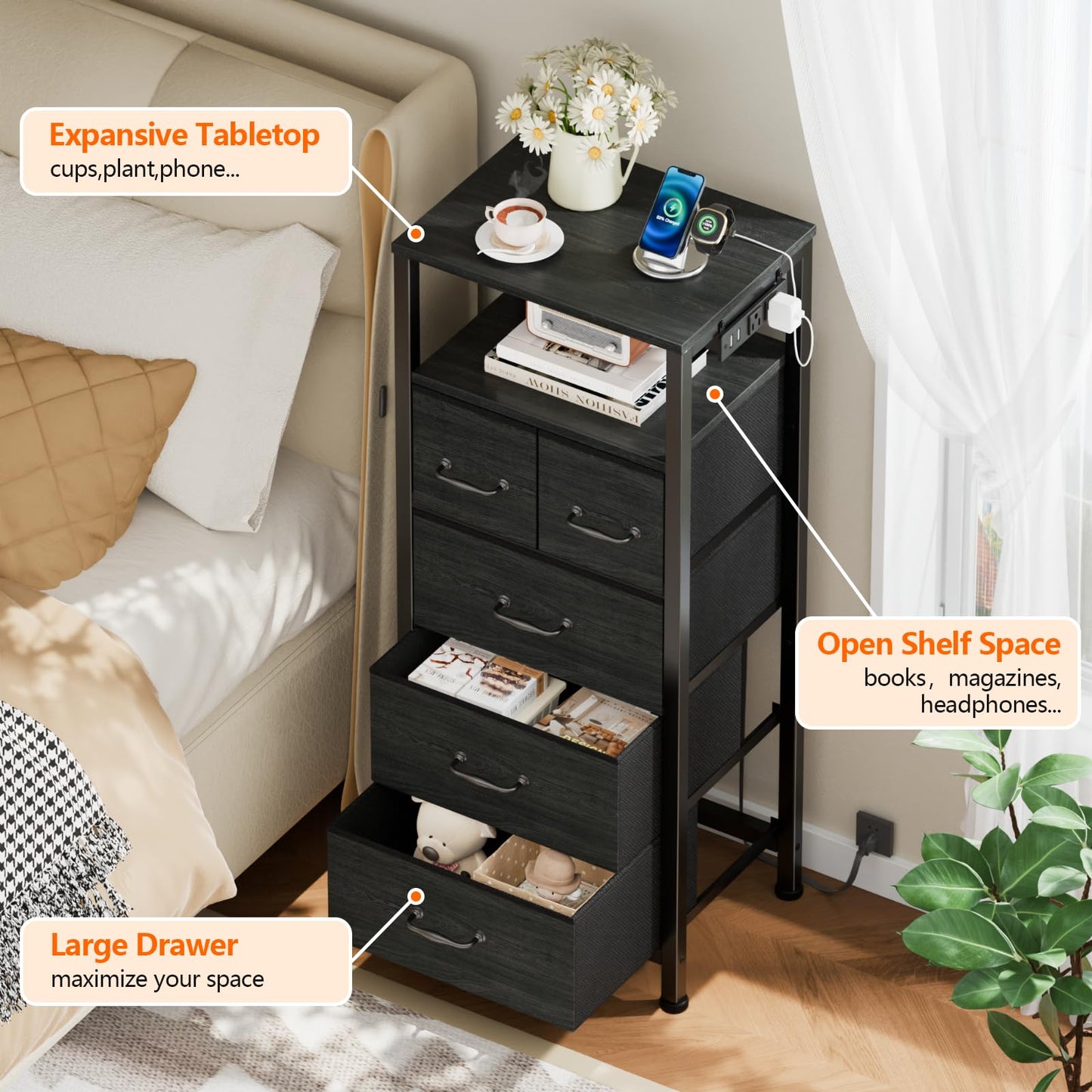 Furnulem Dresser for Bedroom, Tall Nightstand, Vertical Chest with Wood Top, Charging Station, LED Lights, 5 Fabric Bins, Bedside Table with Shelf, Furniture for Entryway (5 Drawer, Black Oak)
