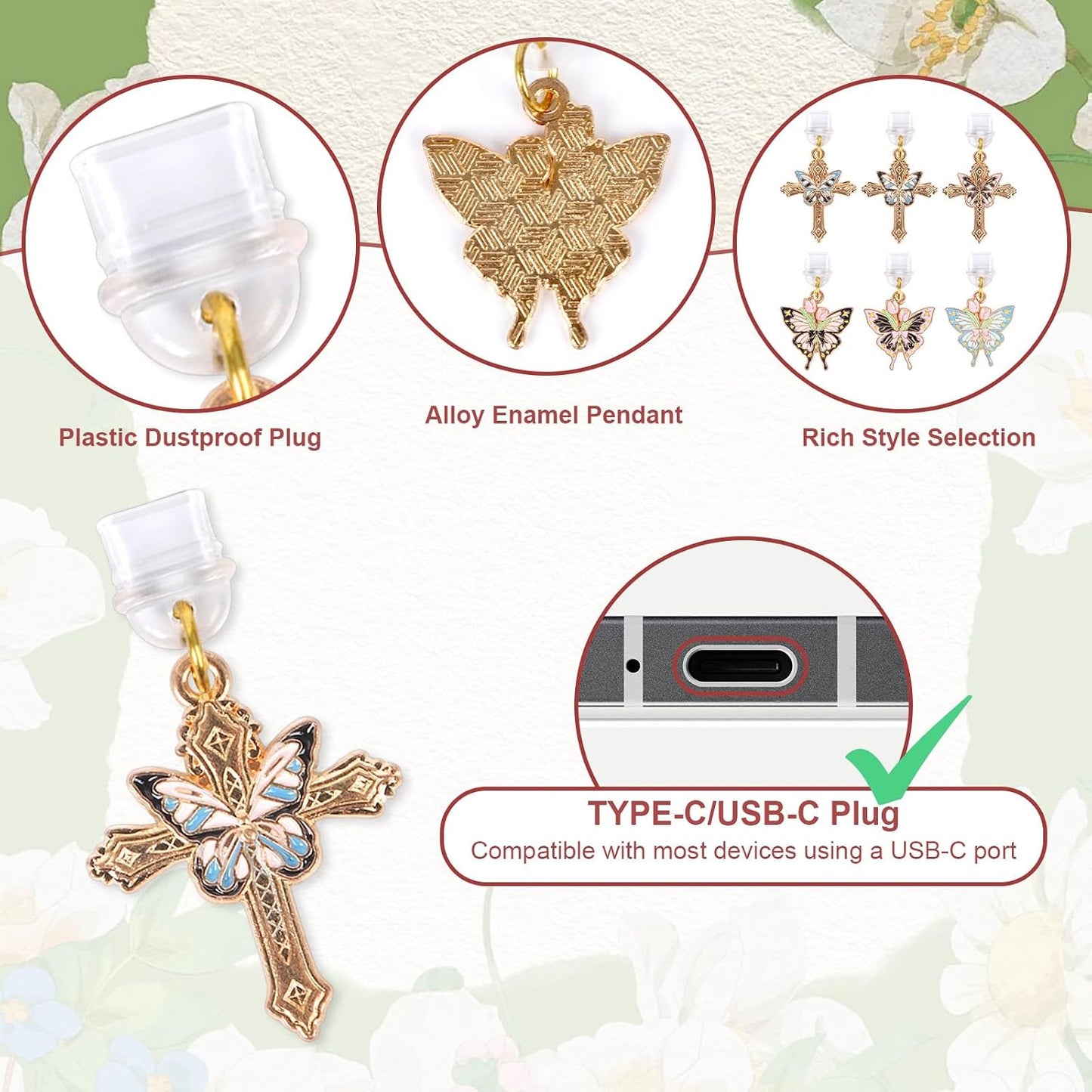 6 Butterfly Dust Plug Charm - Pcs Butterfly Flower Cross Dust Plug Charm Type C With Kindle and Phone Usb C Charging