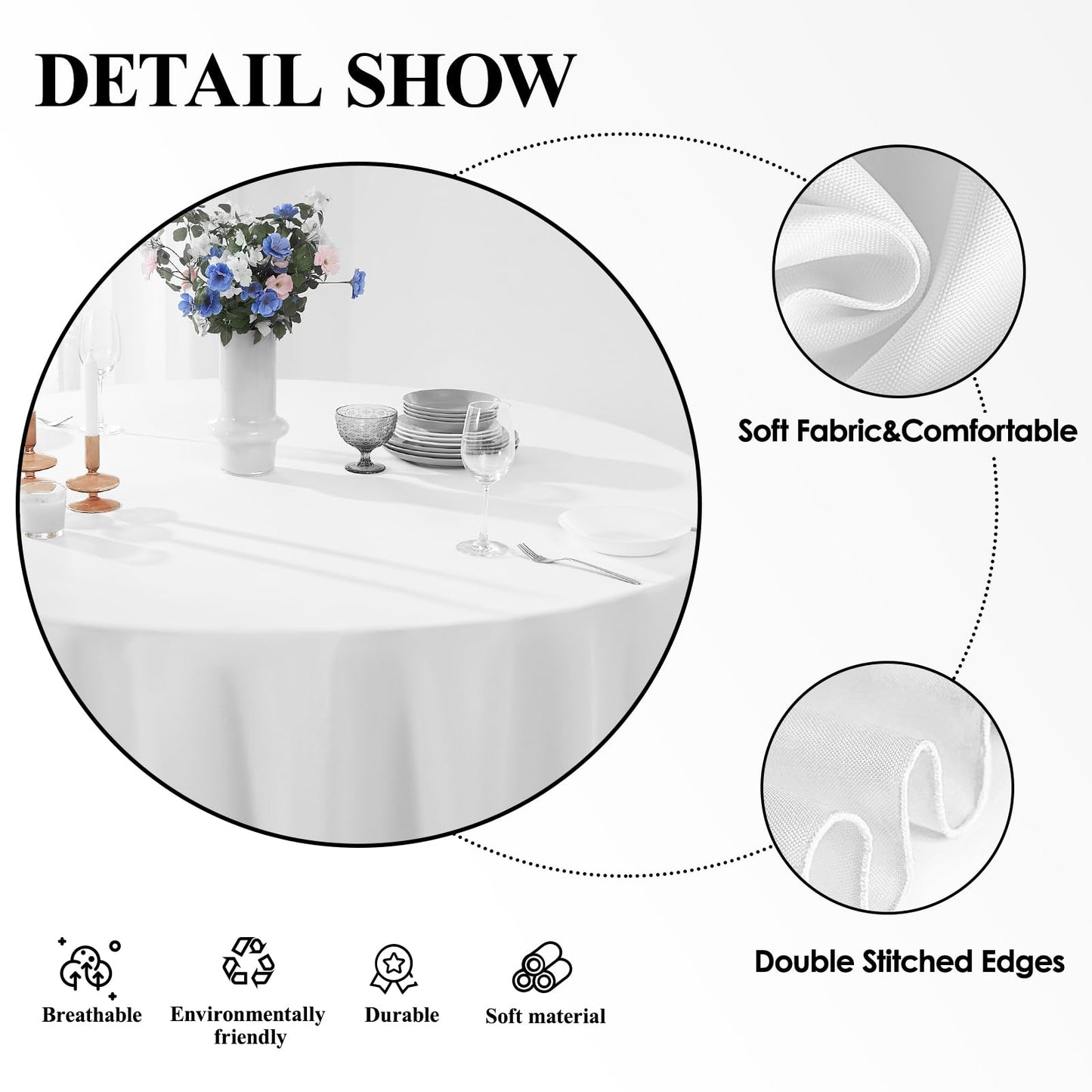 Aocoz Round Tablecloth 6 Pack 90 Inch White Tablecloths Washable Decorative Linen Polyester Table Clothes Cover for Dining Table Banquets Buffet Parties and Wedding
