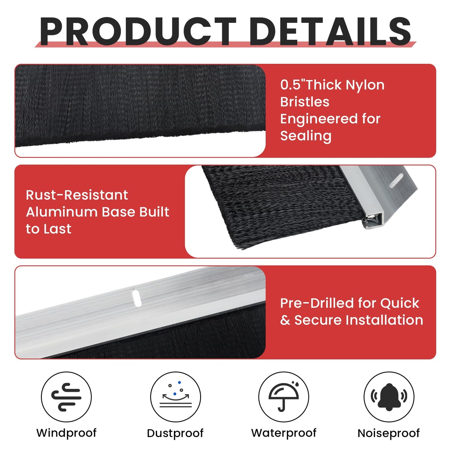 Roll up Door Brush Seal,10 x 10ft Garage Door Brush Seal Kit, 3" High-Density Nylon Brush with Aluminum Track, Easy Mounting, Complete Top and Side Seal Set for Warehouse/Commercial