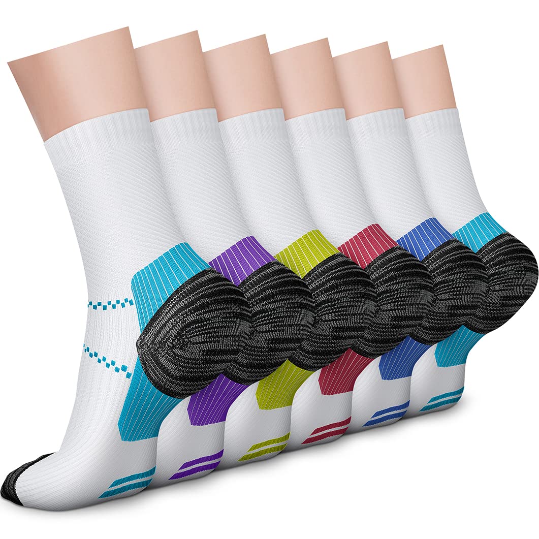 CHARMKING 6 Pairs Crew Compression Socks for Women & Men Circulation 15-20 mmHg is Best for All Day Wear Running Nurse (L/XL, White Multicolor)