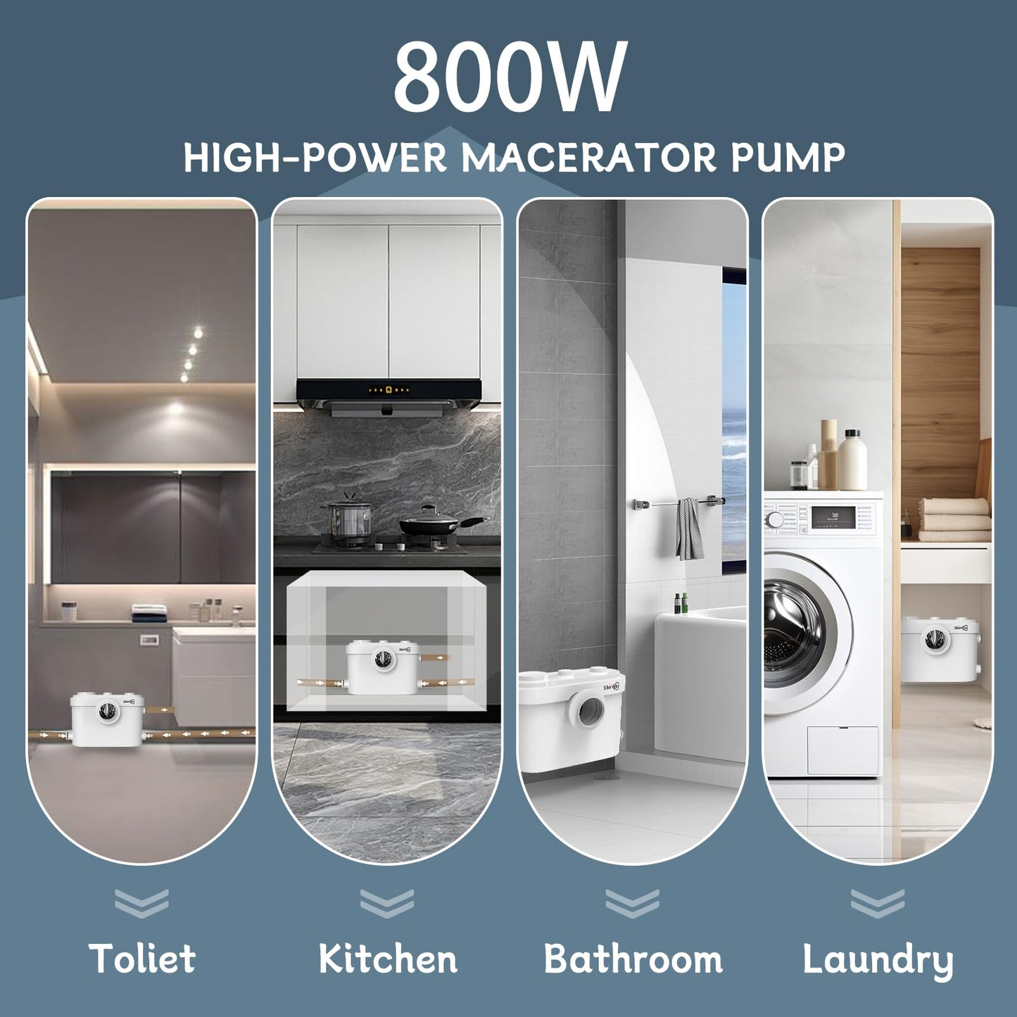 800W Macerator Pump, Advanced Grinding Upflush System, Macerating Toilet Sewerage Pump for Basement, Sink, Toilet, Laundry, Kitchen
