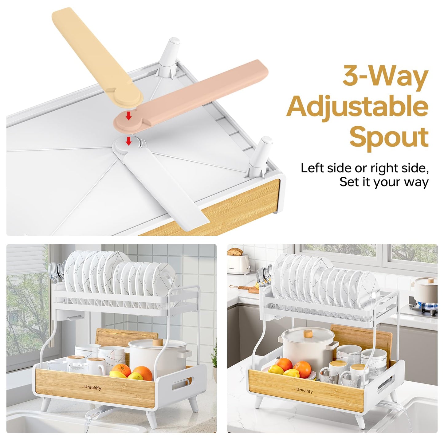 Urackify 2-Tier Dish Drying Rack, Large Stainless Steel & Bamboo Dish Rack for Kitchen Counter, Dish Drainers with Adjustable Automatic Spout, Drying Rack Kitchen with Utensil Holder, White