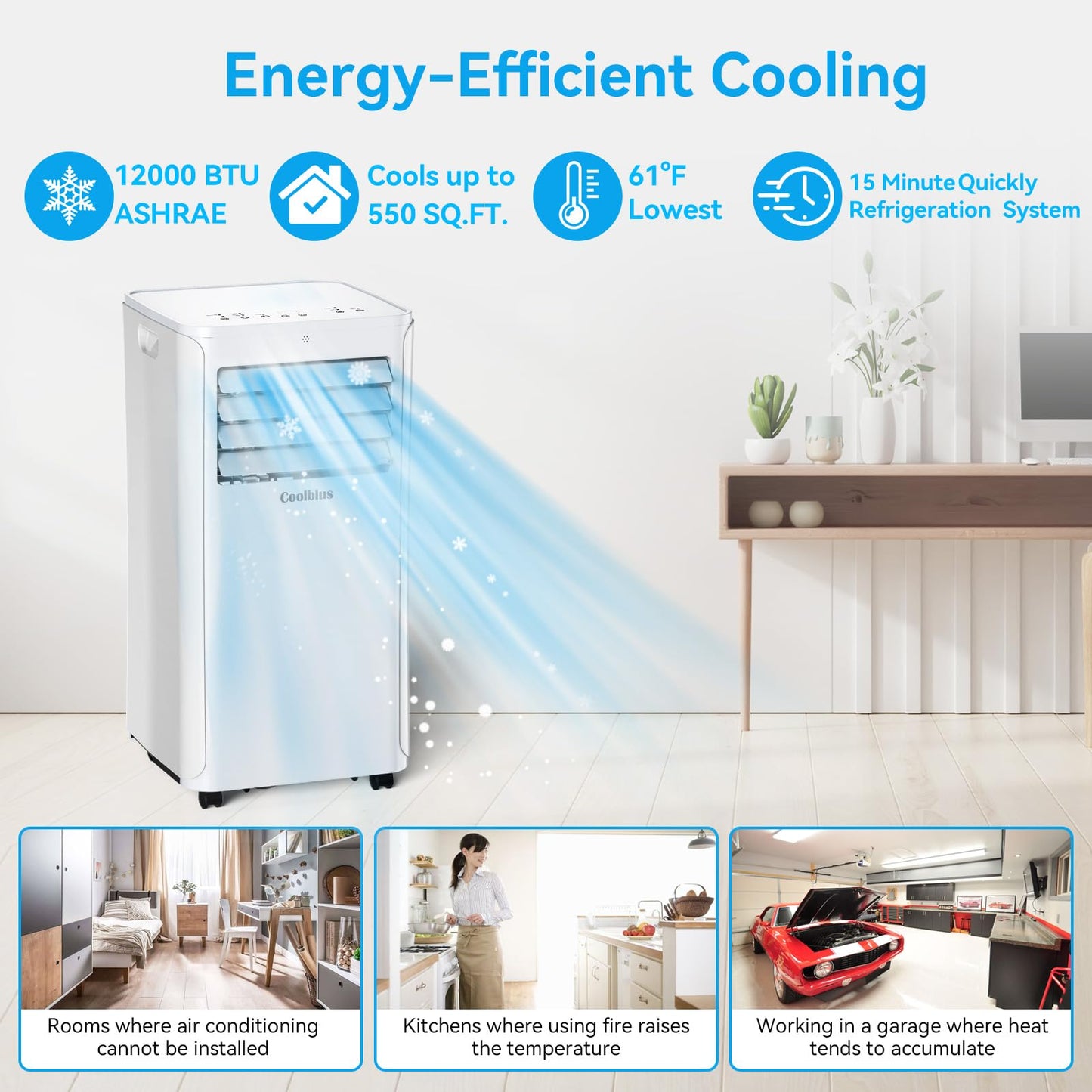 Coolblus portable air conditioner,12000 BTU portable ac unit up to 550 Sq,3 IN 1 with Remote Control,White (Renewed)