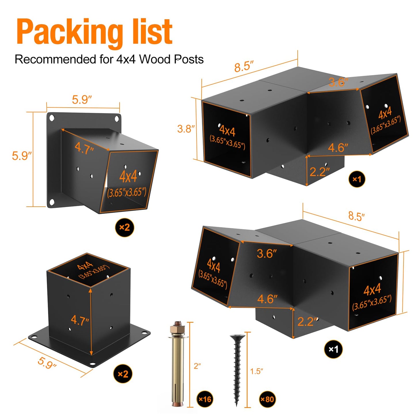 Eapele 6PCS 15° Slanted Roof Pergola Brackets, 3-Way Roof Wall Mount Extension Pergola Kit, Angled Wood Post Base Bracket,Patio Pergolas, Log Cabin