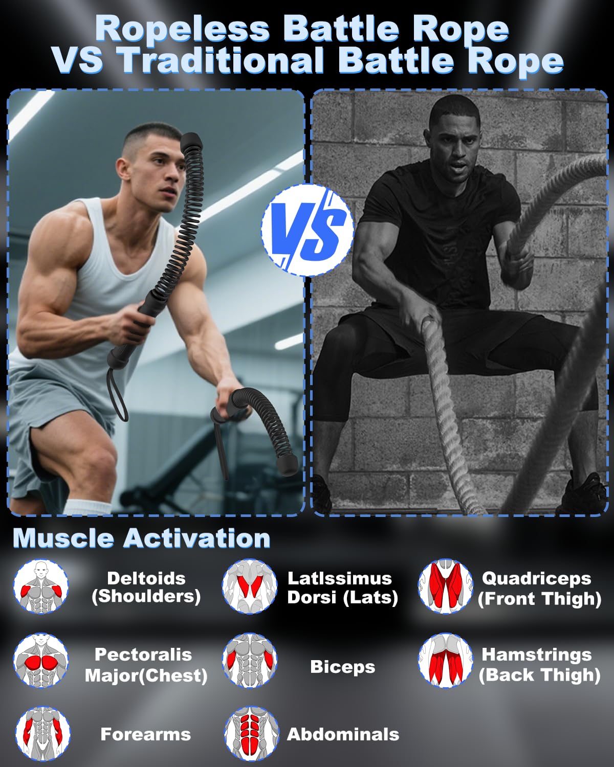 Ropeless Battle Ropes for Home Gym: 2PCS Upgraded Weighted Portable Cordless Battle Ropes for Strength Building, Workout, HIIT and Low-Impact Aerobic Training for Men & Women, Black