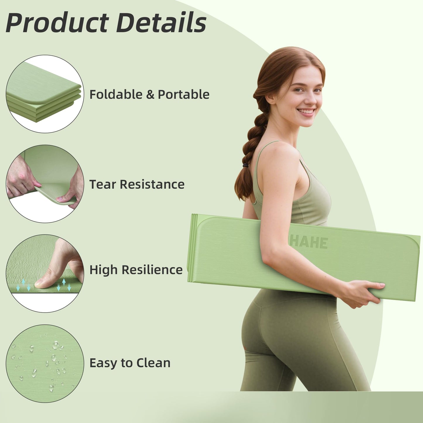Foldable Yoga Mat,74"Lx32"Wx1/3"Thick,Folding Exercise Mat,Non-slip Wide Pilates Mats for Home Workout/Travel, Portable Yoga Mat Thick for Yoga/Pilates/Camping/Floor Exercises (Green)
