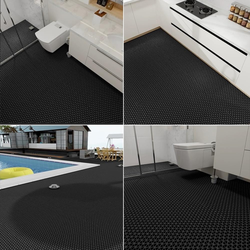 LC0908 PVC Drainage Floor Mat Non-Slip Commercial Wet Area Mat for Outdoor and Indoor Restaurant Kitchen Bar Swimming Pool Splash Matting Water Drain Flooring Mat (Black, 4FTX16.4FT)