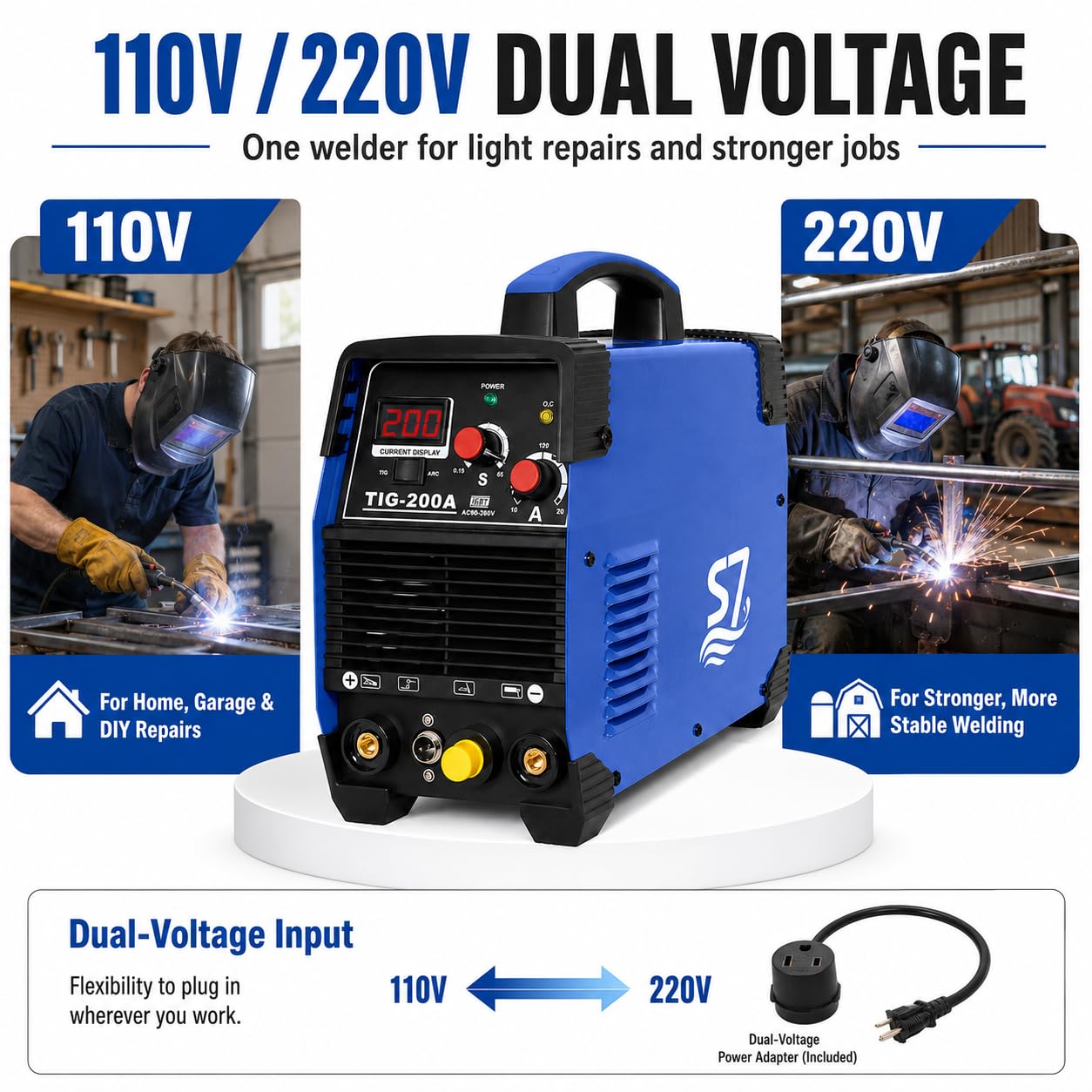 S7 200A HF Start TIG Welder, DC TIG and Stick Welder, 110V/220V Dual Voltage Portable Welding Machine for Garage Repair, DIY Projects, Stainless Steel and Mild Steel