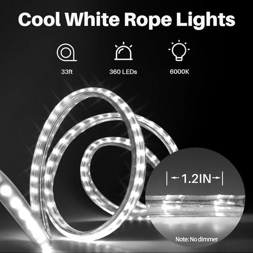 **Skiennix LED Rope Lights - Waterproof 33ft Cool White Decorative Lighting | Flexible & Connectable for Indoor/Outdoor Use**