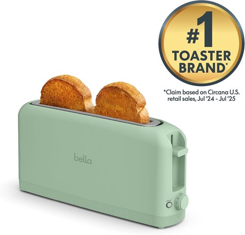 Bella 2 Slice Slim Toaster - 6 Setting Shade Control & Reheat | Fits Sourdough, 10” Long Slot, Seaglass