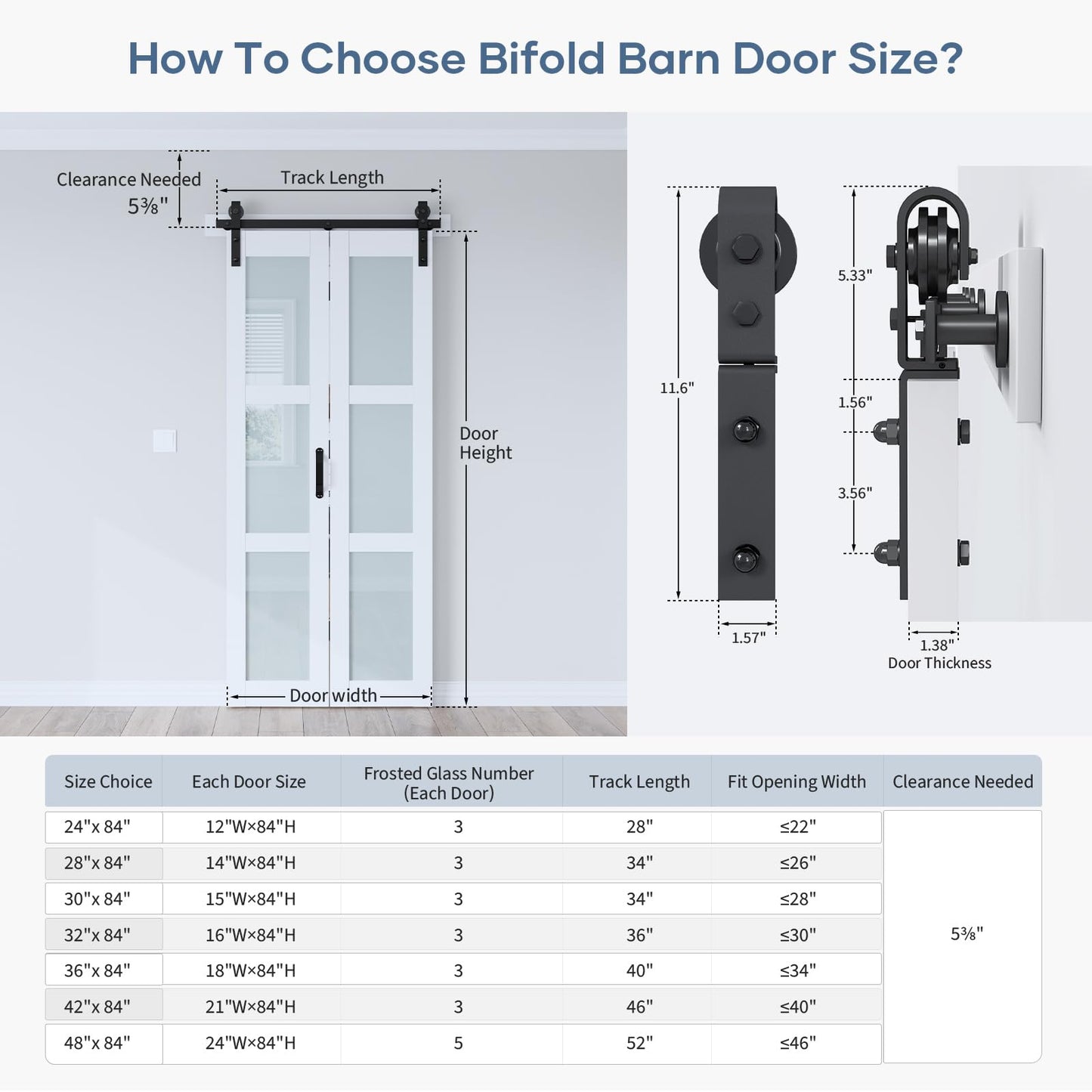 EaseLife 32"x 84" (Double 16" x 84") Bifold Barn Door, Bifold Sliding Barn Door with Hardware Kit, Solid MDF Wood Slab Covered with Water-Proof PVC Surface, Frosted Glass Panel, Assembly Required