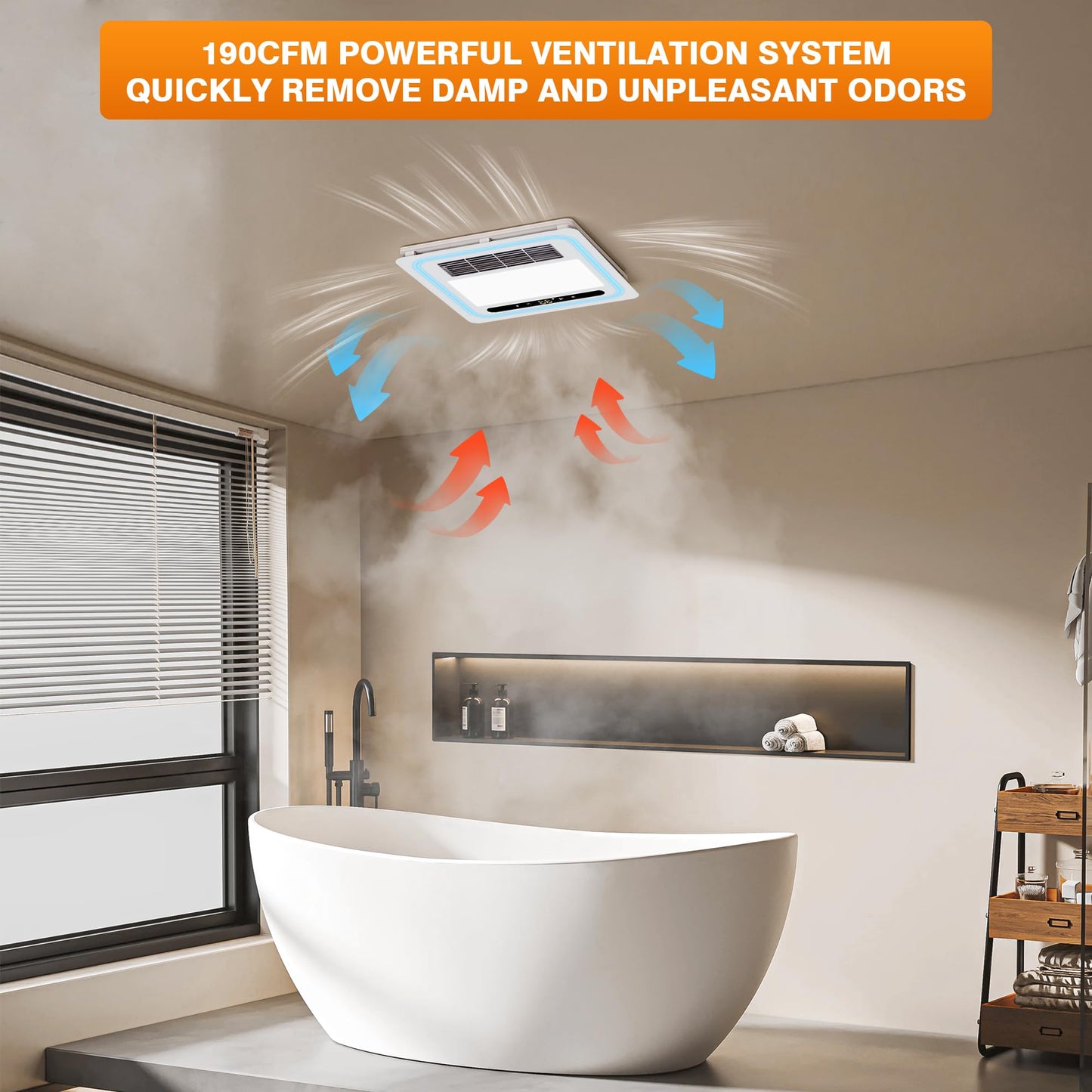 Oeukas 4-in-1 Bathroom Exhaust Fan with Light and Heater, 190 CFM Powerful Ventilation, 1800W Pro-Grade Fast Heating, 1.0 Sone Ultra-Quiet, Remote Control Ceiling Bath Fan with RGB Ambient Light