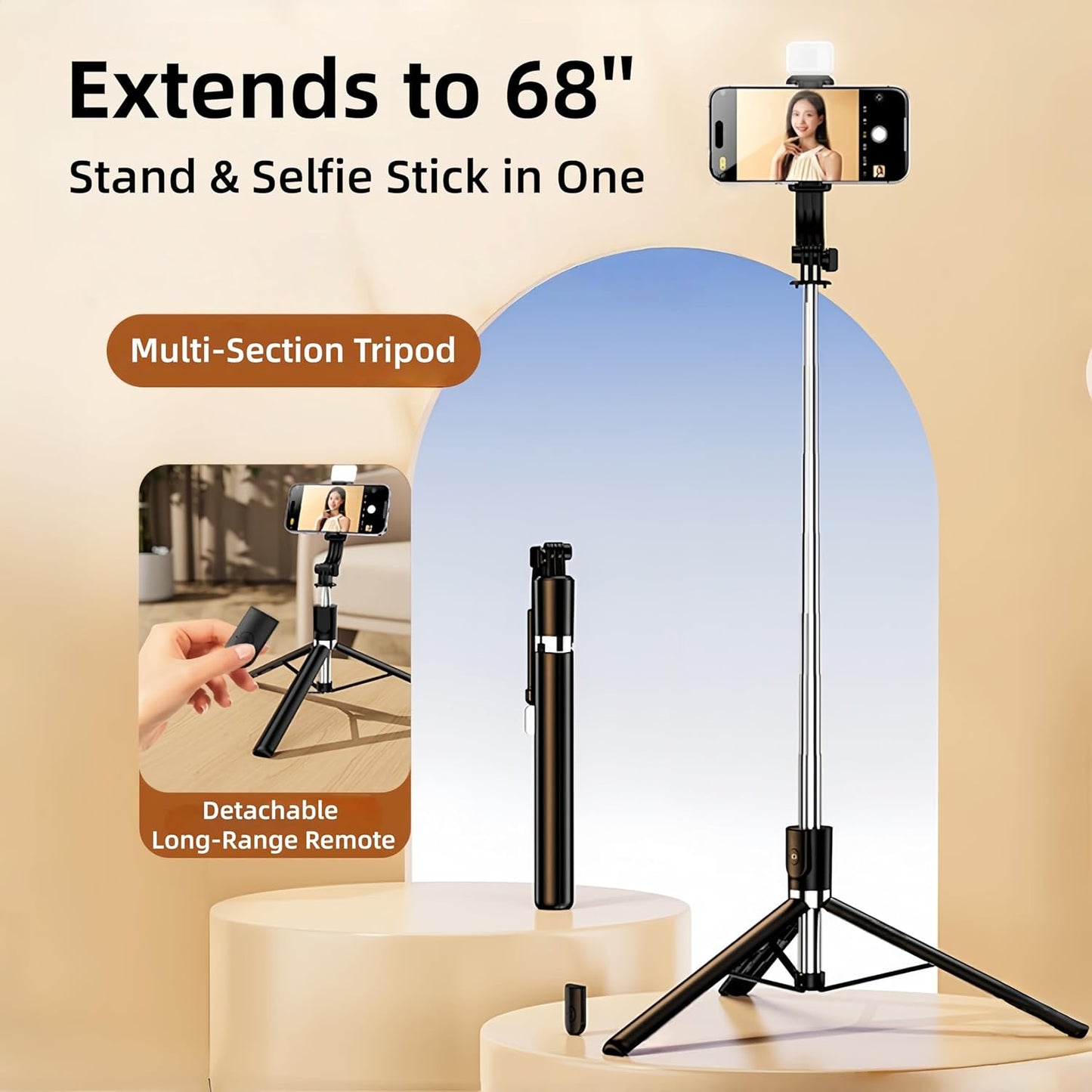 Briteroh 68", 3 360 Selfie Stick Tripod Extendable Selfie Pole with Removable Fill Light & Bluetooth Remote, Modes