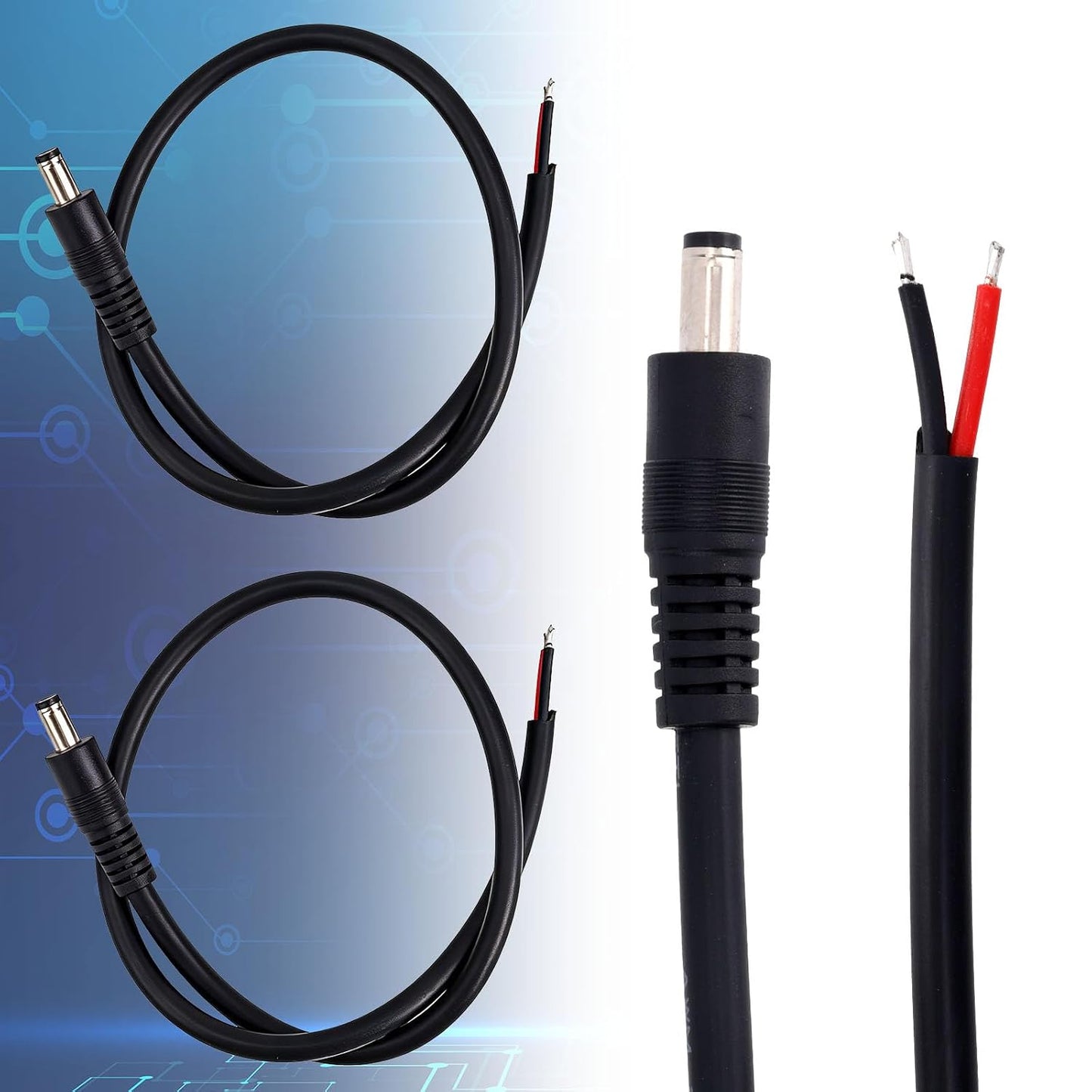 BTFO 4pcs DC5521 16AWG 36V 5.5 2.1mm (50cm/1.64ft Power Pigtails Cables, x DC Male Plug to Bare Wire Open End Cables