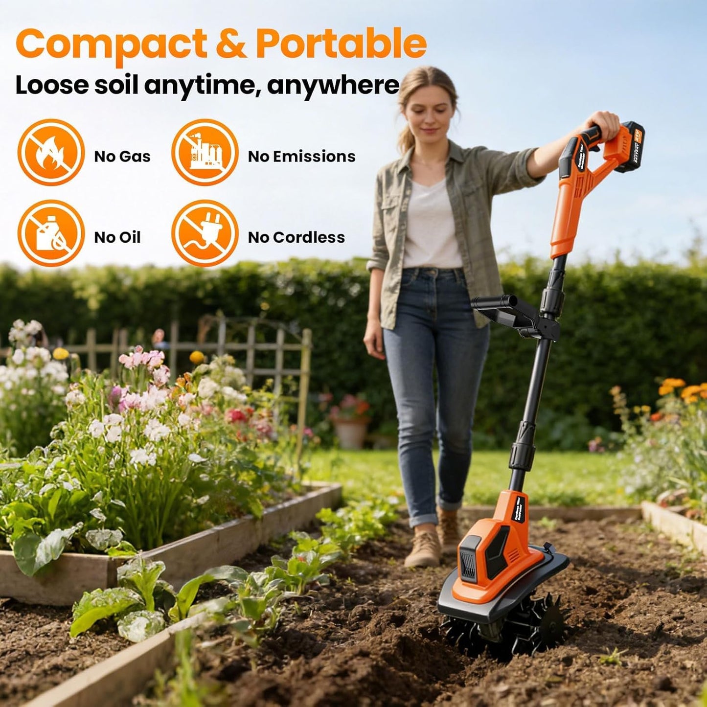 20V Cordlees Tiller Cultivator for Gardening, 400RPM Brushless Electric Garden Tiller Battery Powered((2*3.0Ah Battery&Charger), 9.5"Width 7"Depth, Garden Rototiller for Yard/Lawn/Soil Tiller (Orange)