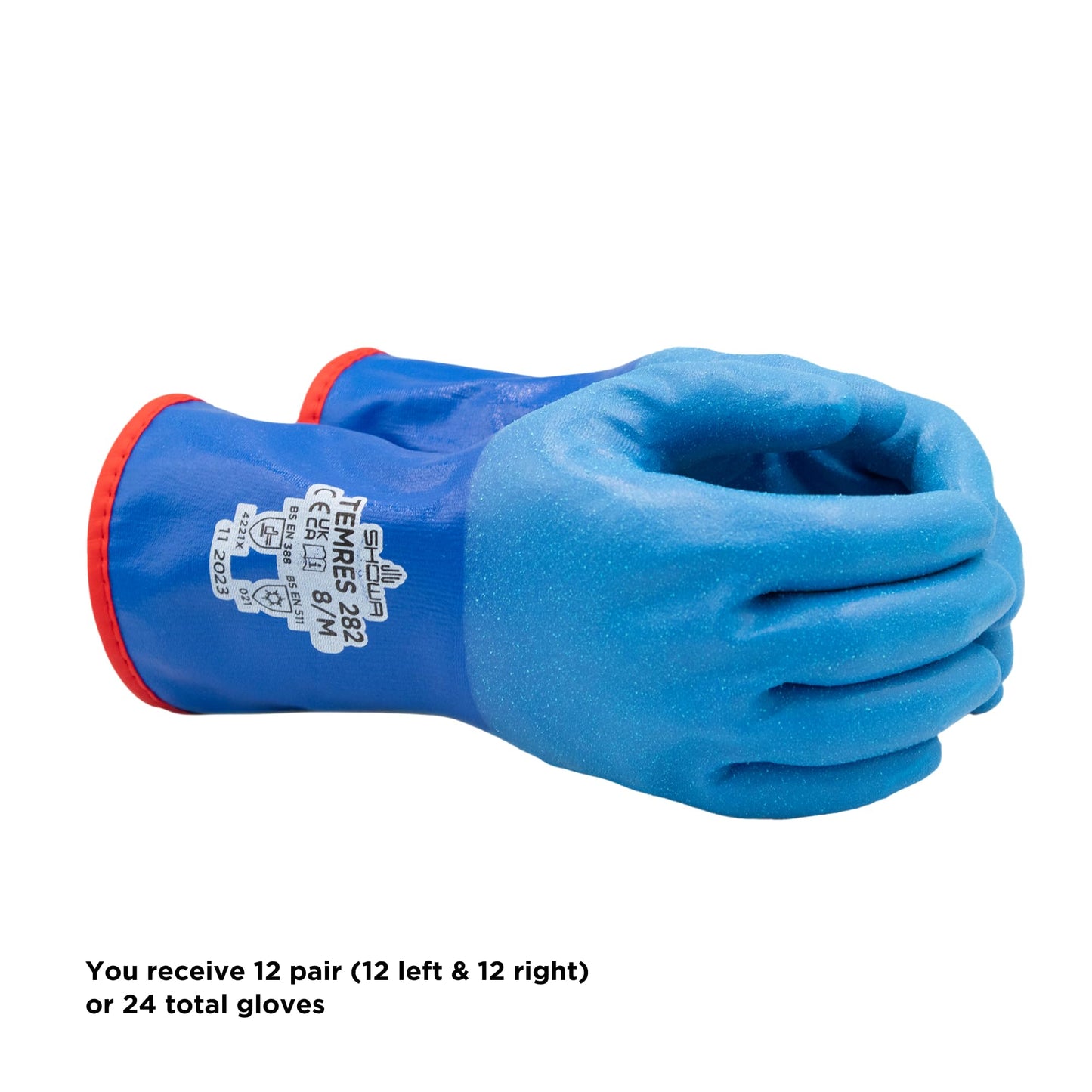 SHOWA TEMRES 282 Waterproof Insulated Winter Work Gloves, Breathable Polyurethane Coating, Thermal Fleece Liner, High-Grip for Hiking, Cold Storage, Ice Fishing, Outdoor Work, Blue, XX-Large, 12 pair