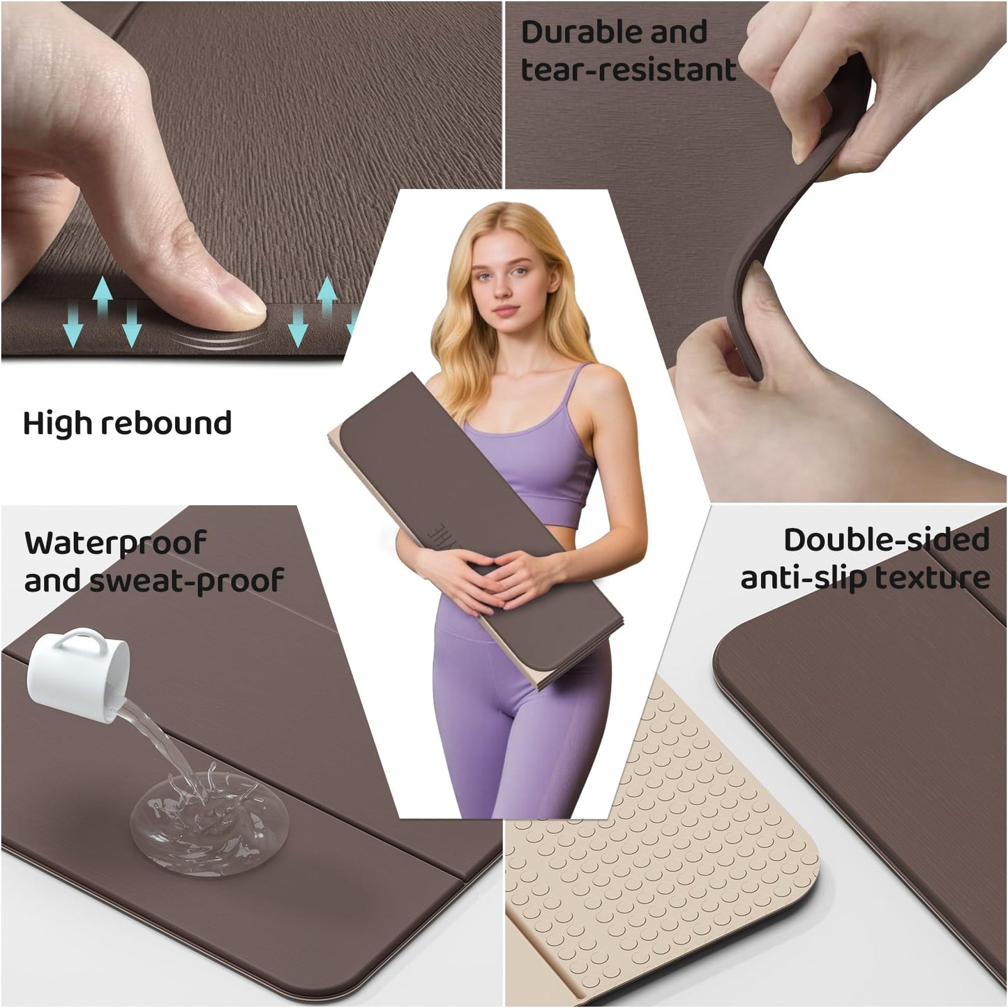 ONLYHE Foldable Yoga Mat Exercise Mat for Home Workout, Comfortable and Durable, 8mm Thick Portable Folding Mat, Non-Slip, Pilates Mat Thick, Outdoor Use, Meditation, Travel, Camping (71"x24" x 0.3") (Light brown + Beige)