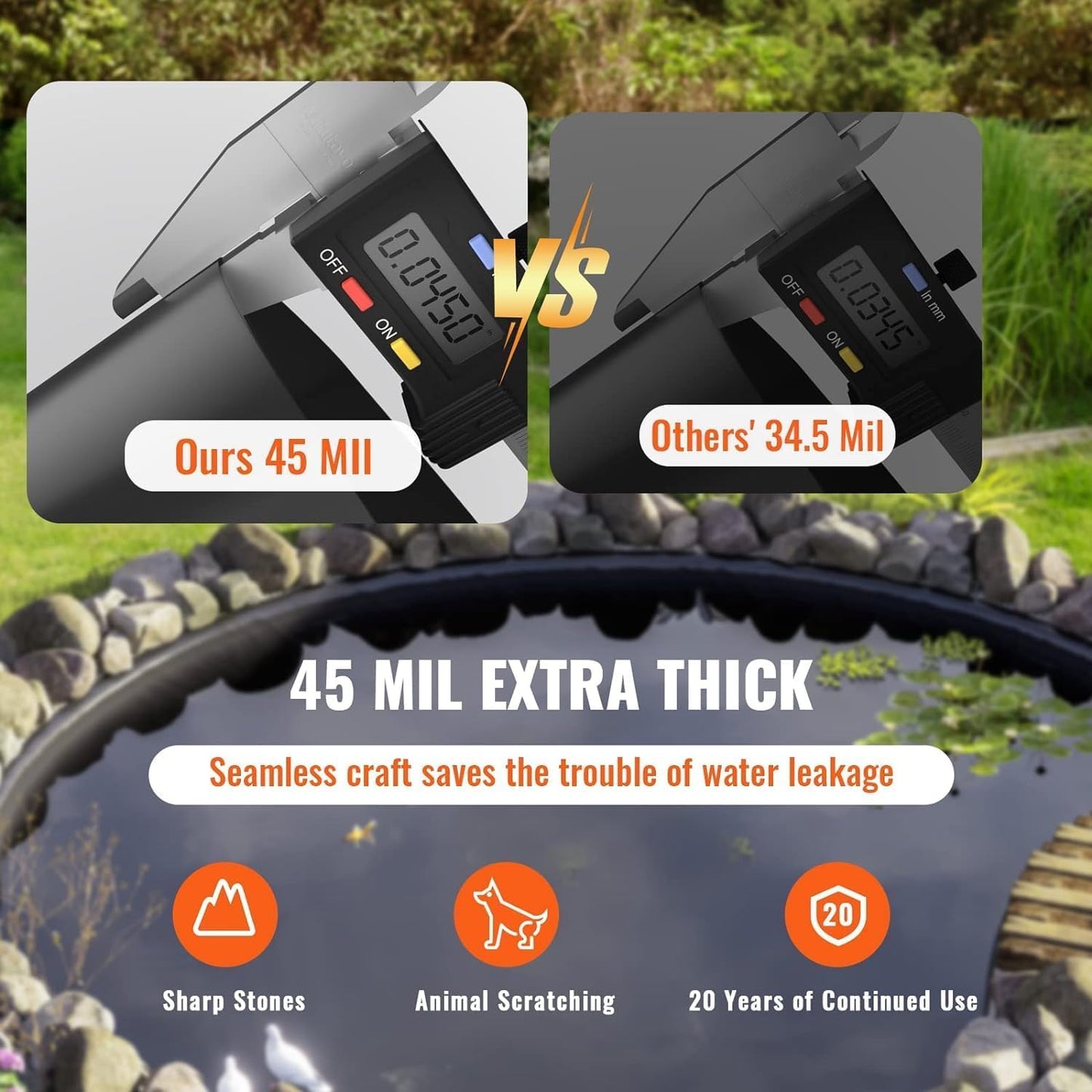 10x10 ft Pond Liner & 45 Mil Thickness, Pliable & Durable EPDM Material, Easy Cutting & UV Resistant, for Fish or Koi, Features, Waterfall Base, Fountains and Water Gardens