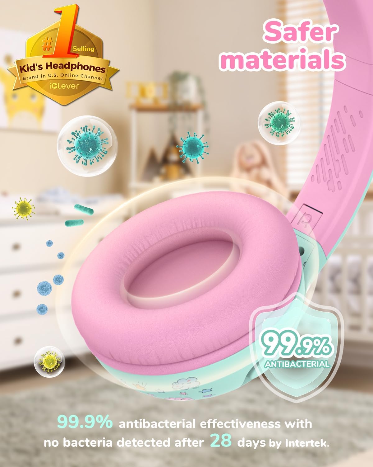 BTH27 2+ 75/80dBA 74H 5.4, iClever Toddler Headphones for Year Old-CPC Certified, Safe Volume Limited, Playtime