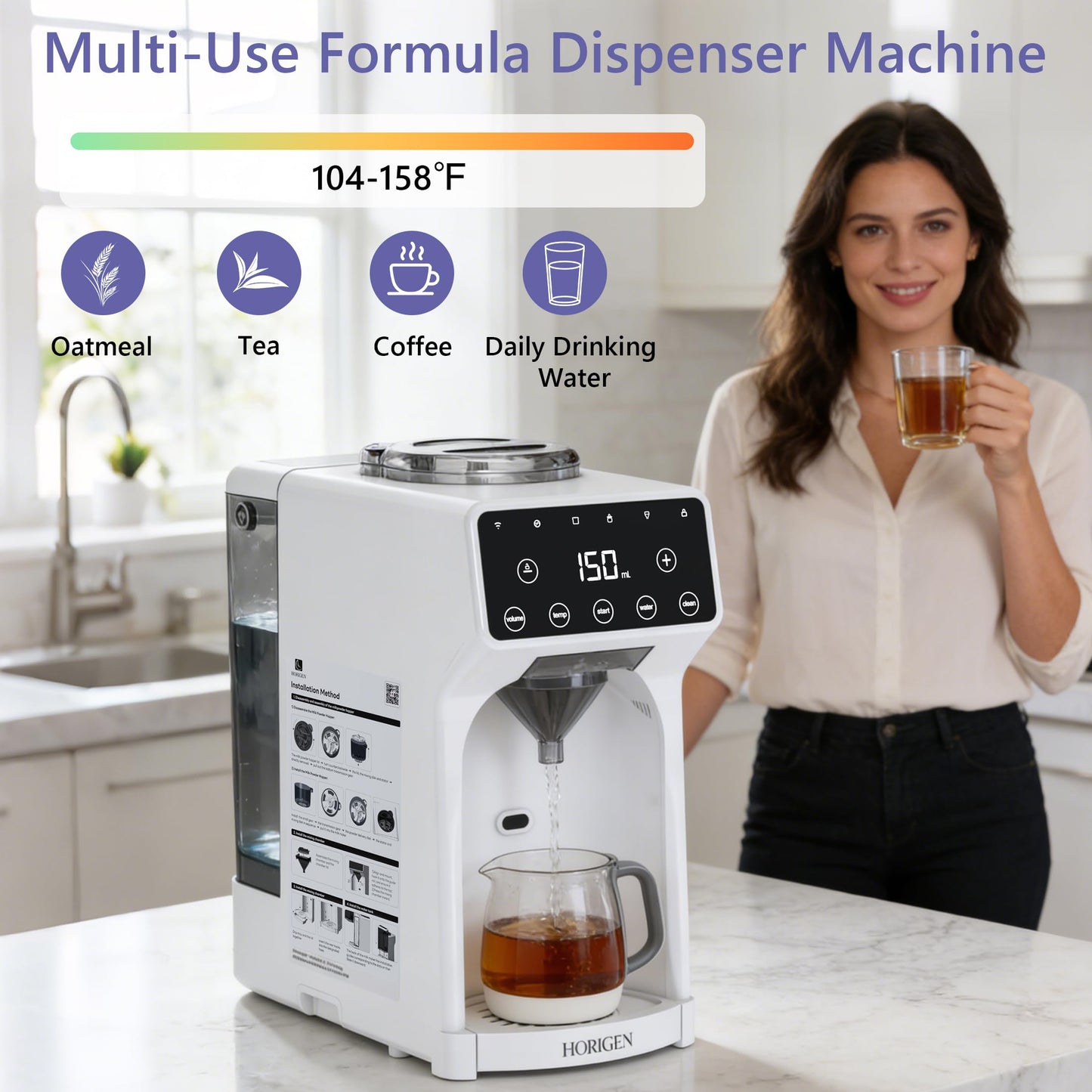 Horigen Smart Baby Formula Maker - Advanced WiFi Bottle Maker Formula Machine with Automatic Mix & Clean, Instant Warm Water, Fast Milk Make with Accurate Dispensing & Temperature Control