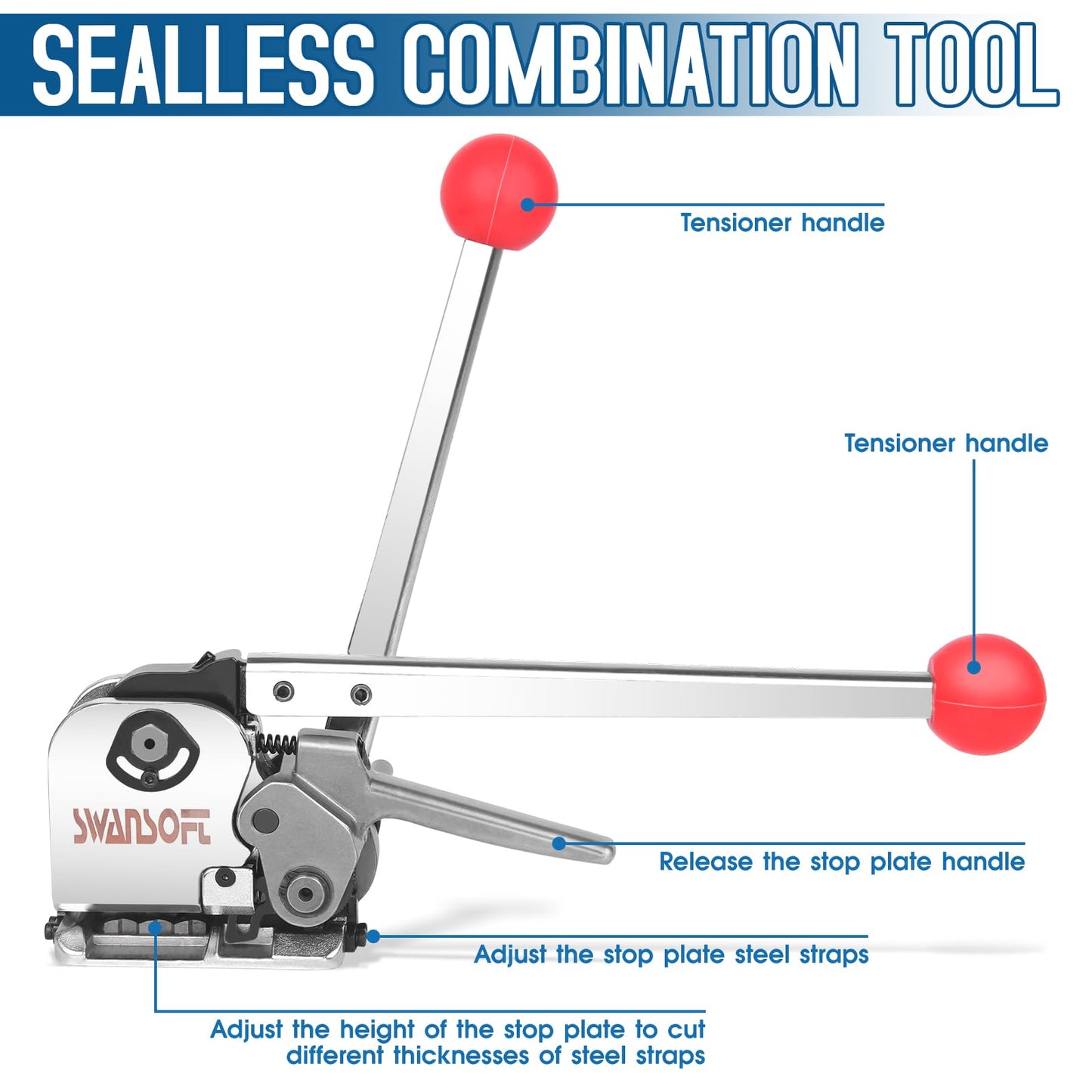 SWANSOFT Steel Banding Strapping Kit, Stainless Manual Packaging Banding Strapping Machine, Metal Steel Banding Tool Packing for Width 1/2" 5/8" 3/4" Sealless Combination Tools (No Need Buckle)