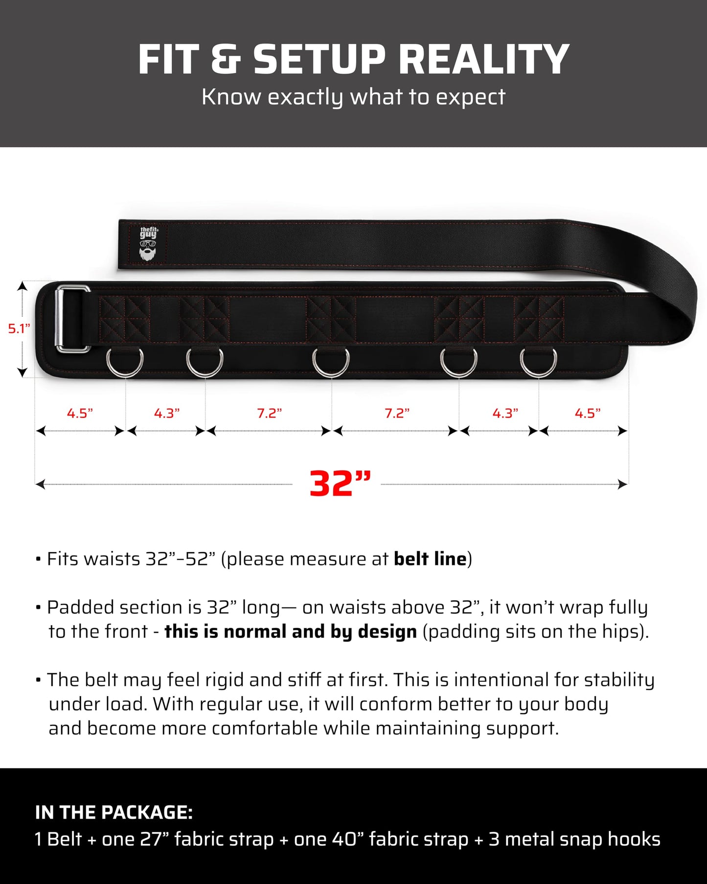 THEFITGUY Multi-Attachment Belt for Cable Machine and Smart Home Gym Squats and Hip Thrusts, 5 Attachment Points for Optimal Weight Distribution, 2 Straps (40” & 27”) and 3 Metal Snap Hooks Included
