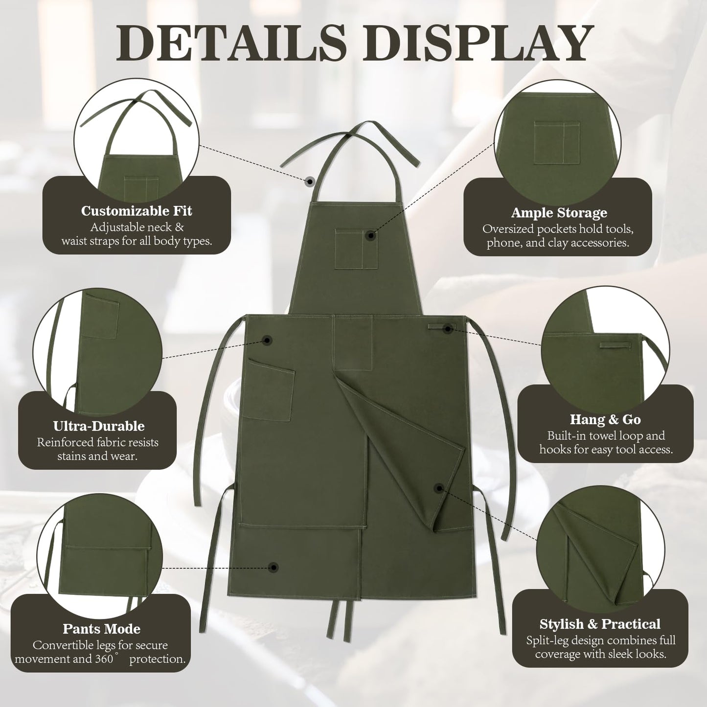 Jeyiour Split Leg Pottery Apron, 2 Layer DIY Ceramic Apron with Convertible Pants, Large Pockets Towel Loop Smock for Unisex(Green)