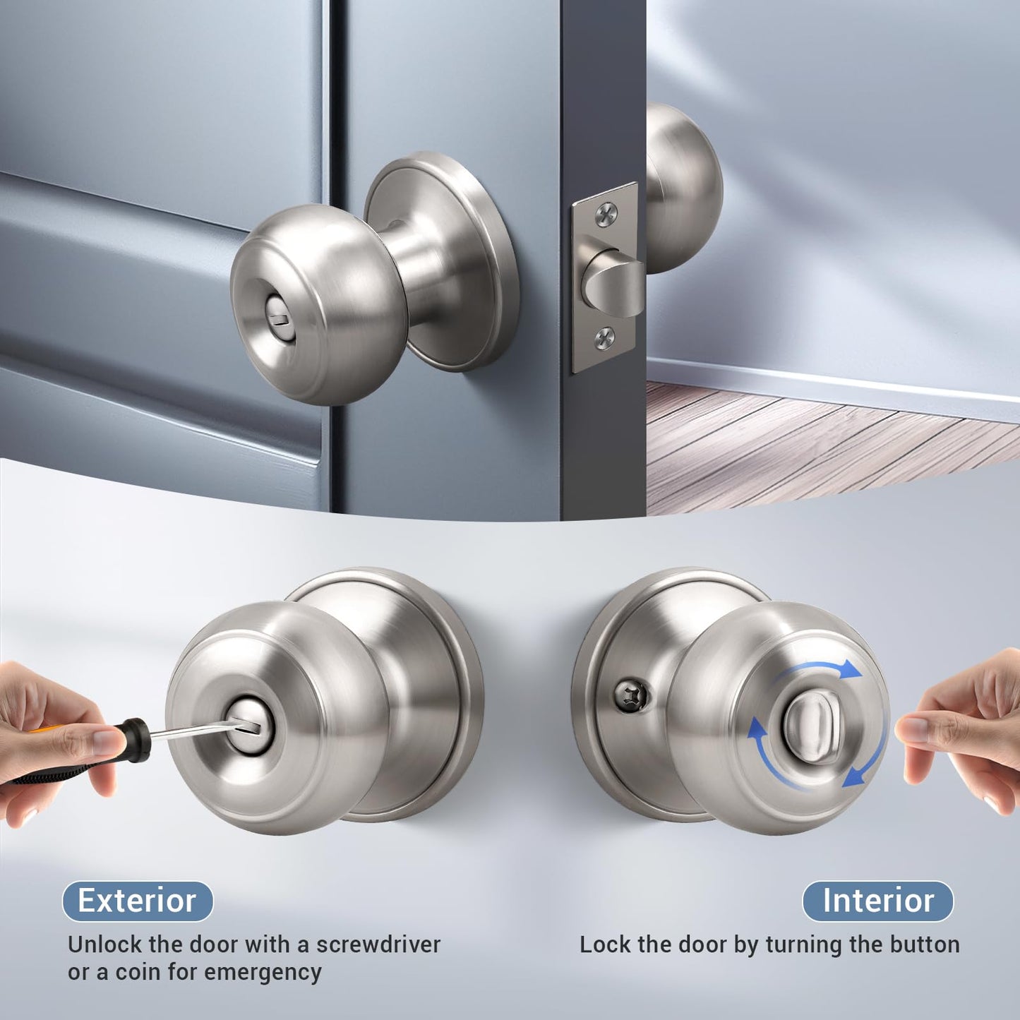KNOBWELL Privacy Door Knob with Lock in Brushed Nickel Finish for Bedroom and Bathroom, Indoor Security Door Handle with Privacy Lock, Satin Nickel Interior Door Knobs