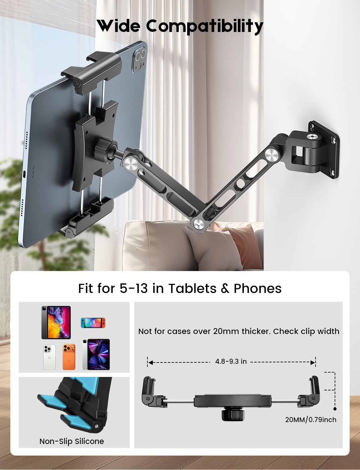 OHLPRO Tablet Wall Mount, Heavy Duty Aluminum iPad Wall Mount Holder with 360° Rotating 2-Stage Foldable Arm, Compatible for 5-13" Phones and Tablets, for Kitchen, Gym, Office, Home