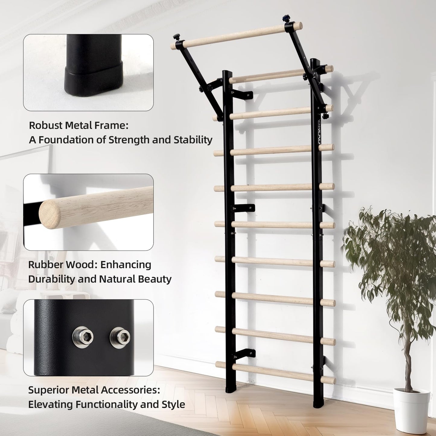 Swedish Ladder, Wood Stall Bar with Suspension Trainer Straps, Pull-Up Dip Bar Attachment, Strategic Rods, for Home, School, hysical Therapy and Gymnastics, Upgrade Installation