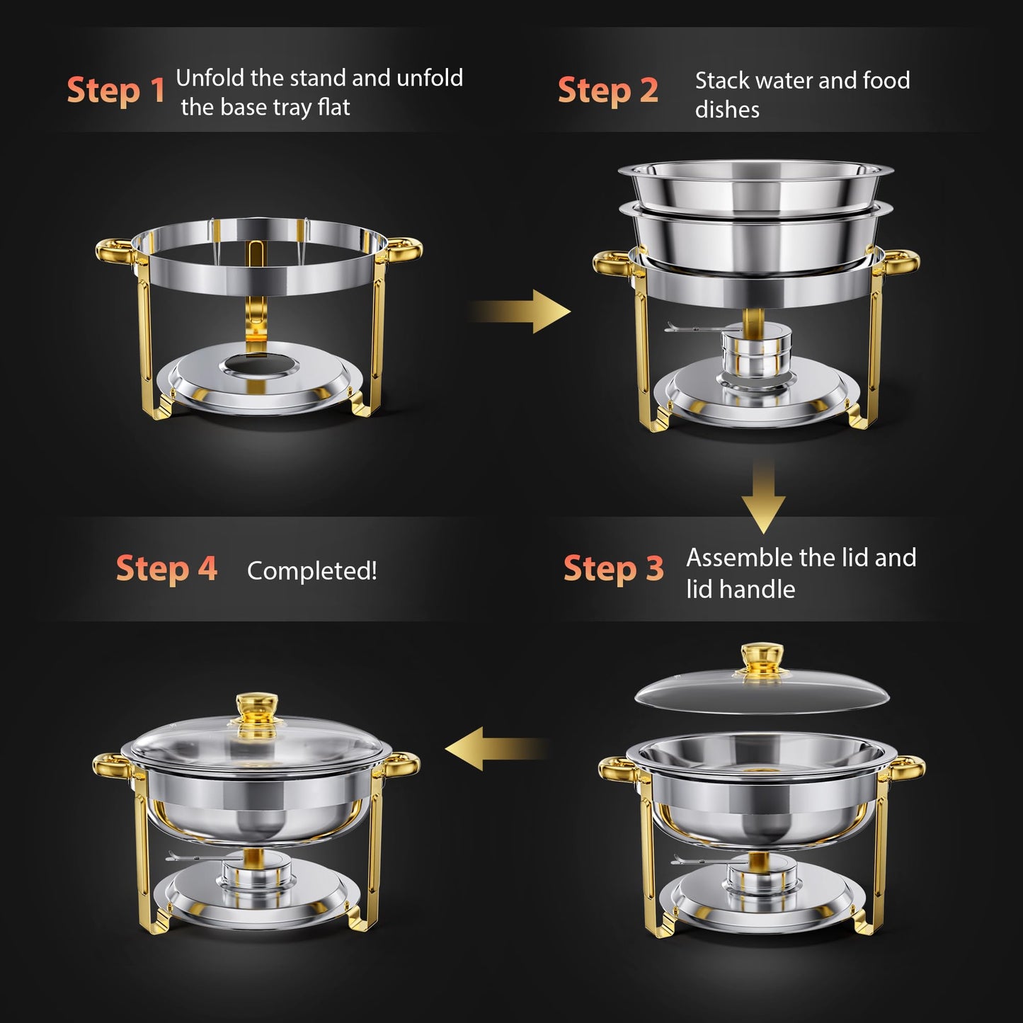6QT Chafing Dishes for Buffet, 4 Pack Round Stainless Steel Chafing Dish Set, Chafers and Buffet Warmers Sets with Glass Lid, Food Warmers for Parties, Catering, Wedding (Sliver & Gold)