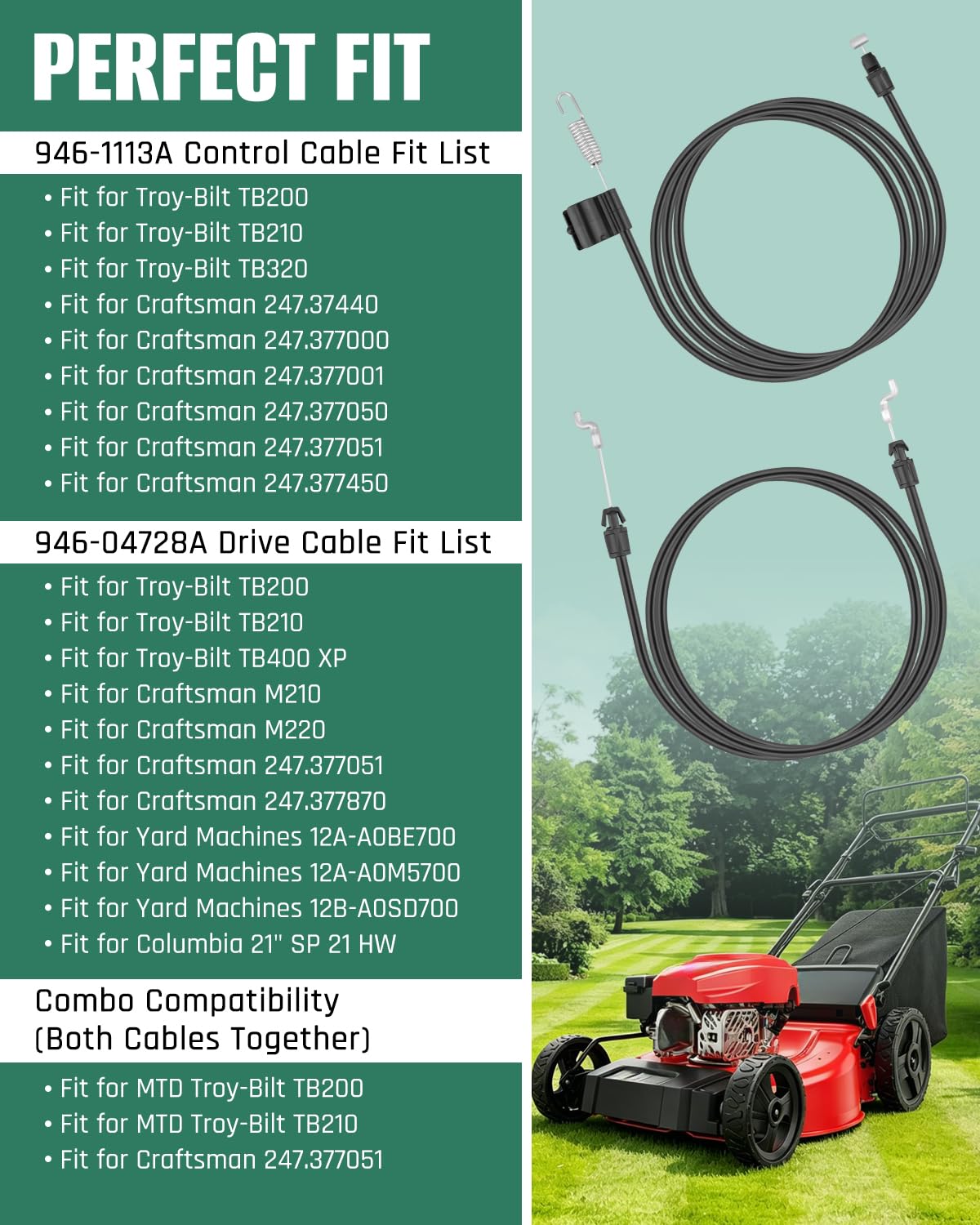 Control Cable and Drive Cable for Mowers Fit for Troy-Bilt TB200 TB210 TB320 Craftsman M210 M220, Replace 946-1113A, 946-04728A