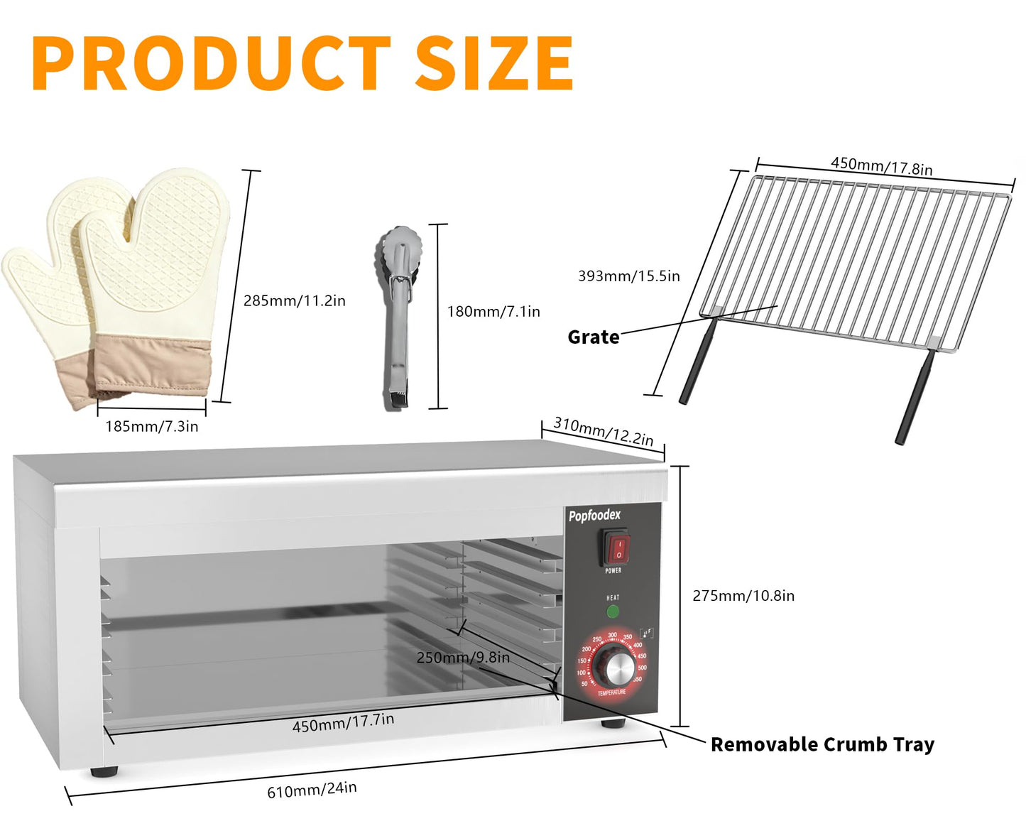 Popfoodex Salamander Broiler, 1500W Electric Cheese Melter w/ 550°F Heating and Stainless Steal Body, Commercial Broiler w/Removable Crumb Tray, Salamander Grill For Pizza, Grill Steaks, Sandwiches