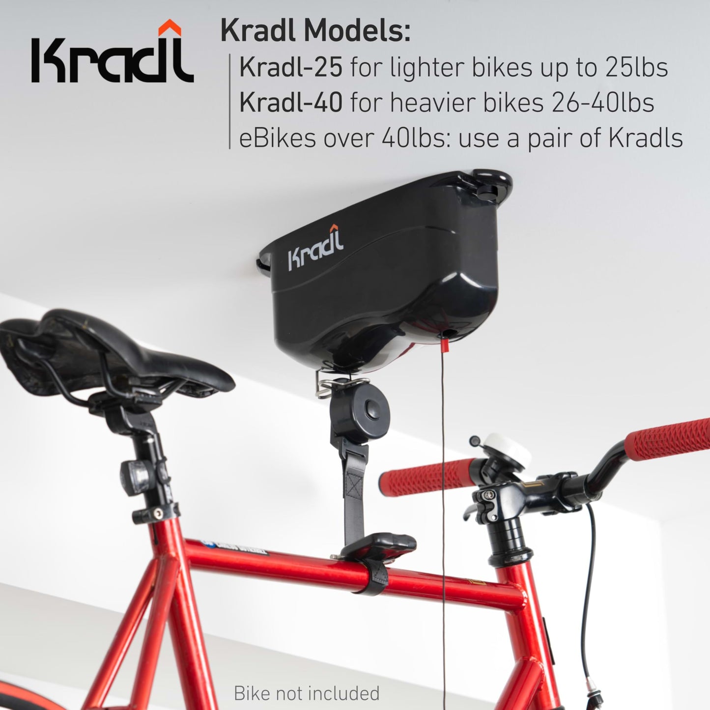 Kradl - Ceiling Mount Bike Lift and Rack. Bicycle Storage Hoist Without Electricity, Clumsy Ropes or Pulleys. 25 Pound Capacity.