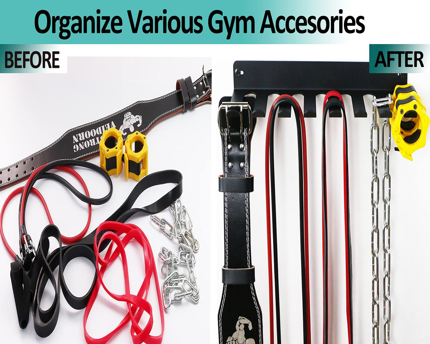 Heavy Duty Wall Mount Gym Rack 16" 8-Prong Multi-Purpose Storage for Barbells, Resistance Bands, Jump Ropes, Lifting Belts, Chains, Foam Rollers & Straps Home Gym Organizer