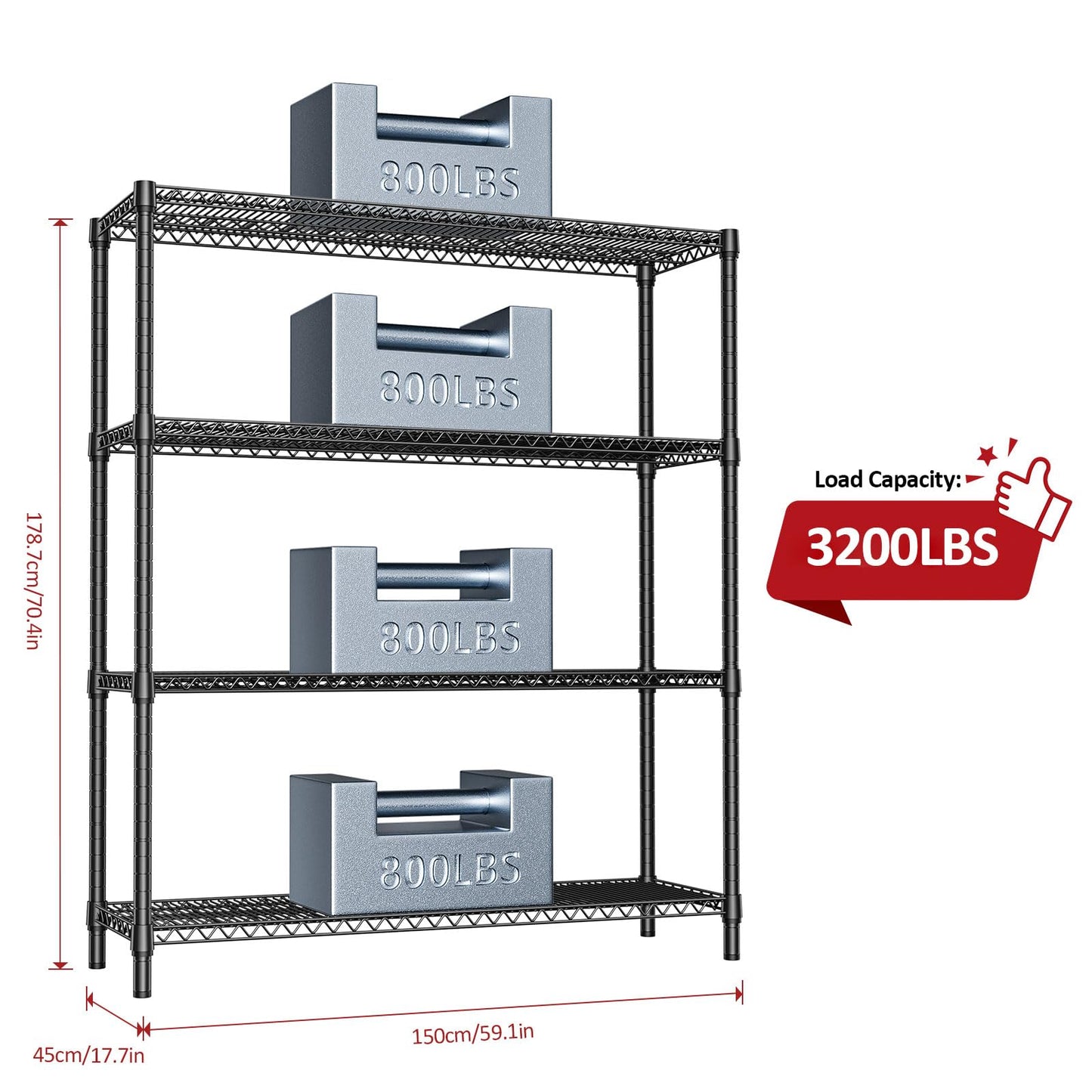 IZEUK 4-Tier Metal Garage Shelving, Heavy Duty Adjustable Storage Rack Organizer, Industrial Steel Shelves for Basement, Kitchen, Office, Warehouse (Black, 17.7" D x 59.1" W x 70.9" H)