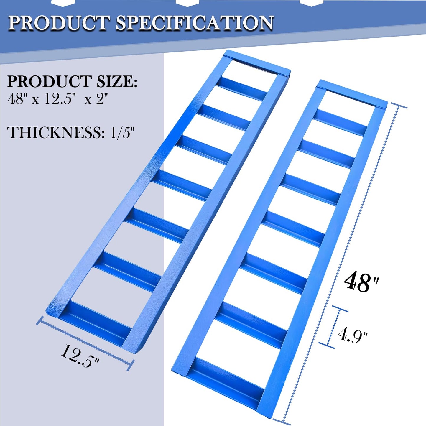 48" x 12.5" Trailer Ramps, 6000Lbs Capacity, Universal Steel Loading Ramp for Motorcycle, Tractor, ATV/UTV, Trucks, Lawn Mower Heavy Duty Vehicle Ramp Pair（2-Pack, Blue